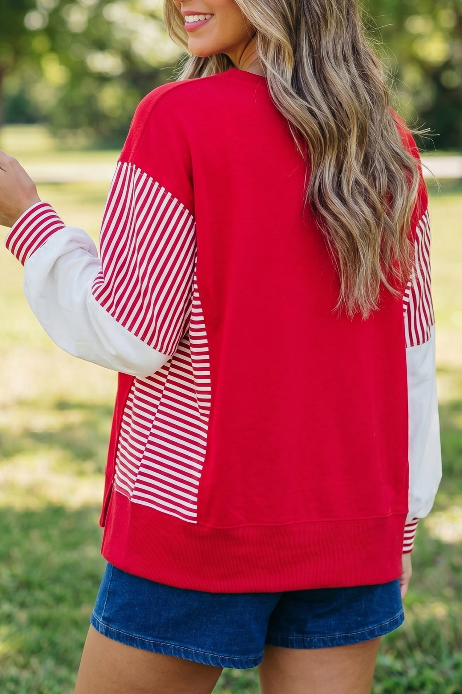 Fiery Red Striped Patchwork Sleeve Colorblock Sweatshirt-Tops/Sweatshirts & Hoodies-[Adult]-[Female]-2022 Online Blue Zone Planet