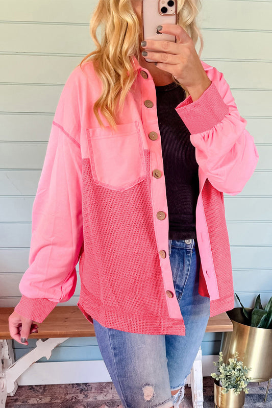 Peach Blossom Two Tone Contrast Waffle Knit Buttoned Loose Shacket-Outerwear/Jackets-[Adult]-[Female]-Peach Blossom-S-2022 Online Blue Zone Planet