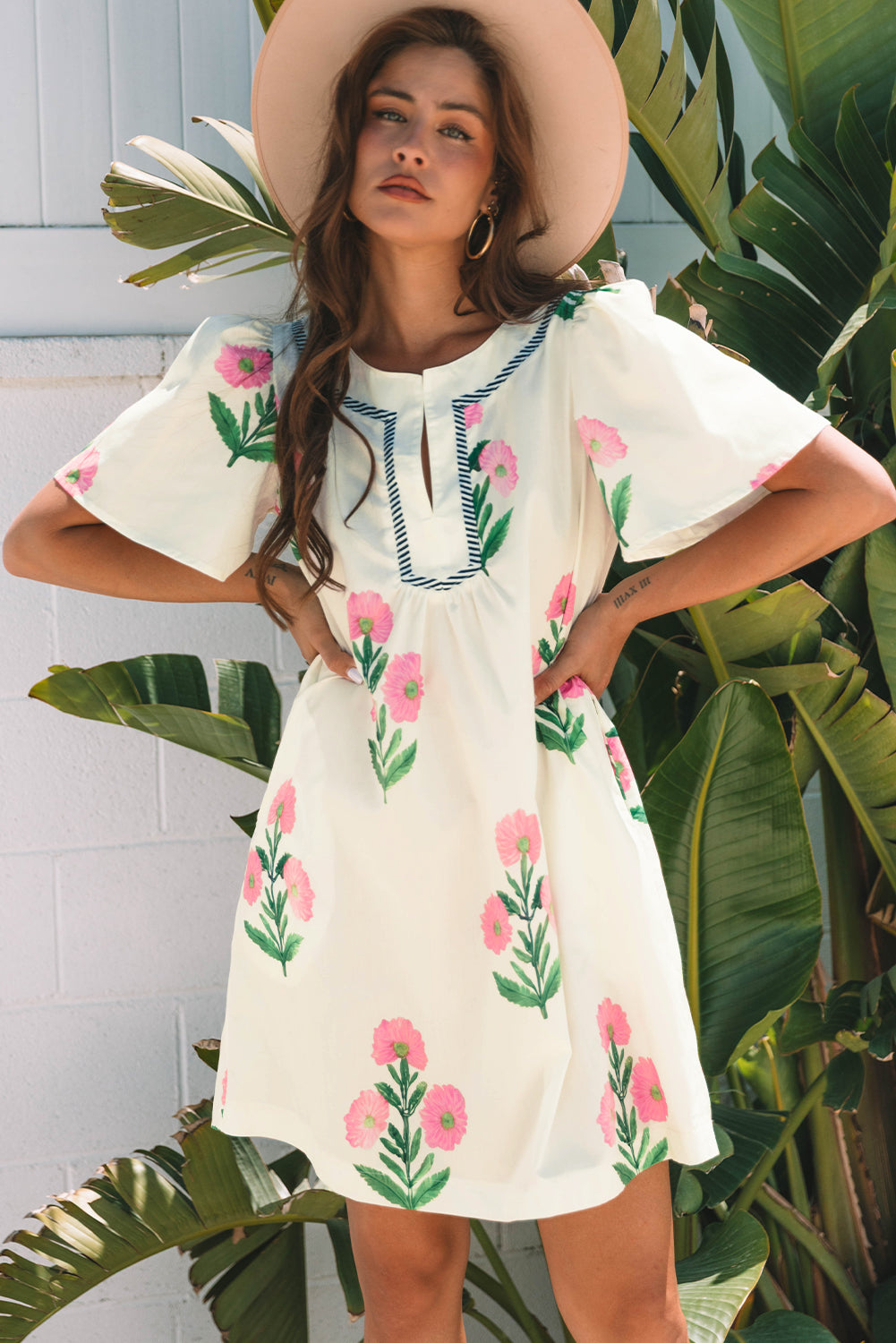 Apricot Floral Short Sleeve Split Neck Loose Mini Dress-TOPS / DRESSES-[Adult]-[Female]-2022 Online Blue Zone Planet
