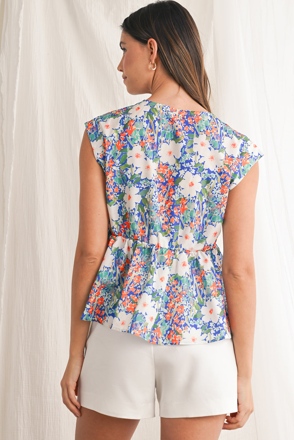 Dark Blue Floral Bow Front Sleeveless Peplum Shirt-Sleeveless Shirts-[Adult]-[Female]-2022 Online Blue Zone Planet