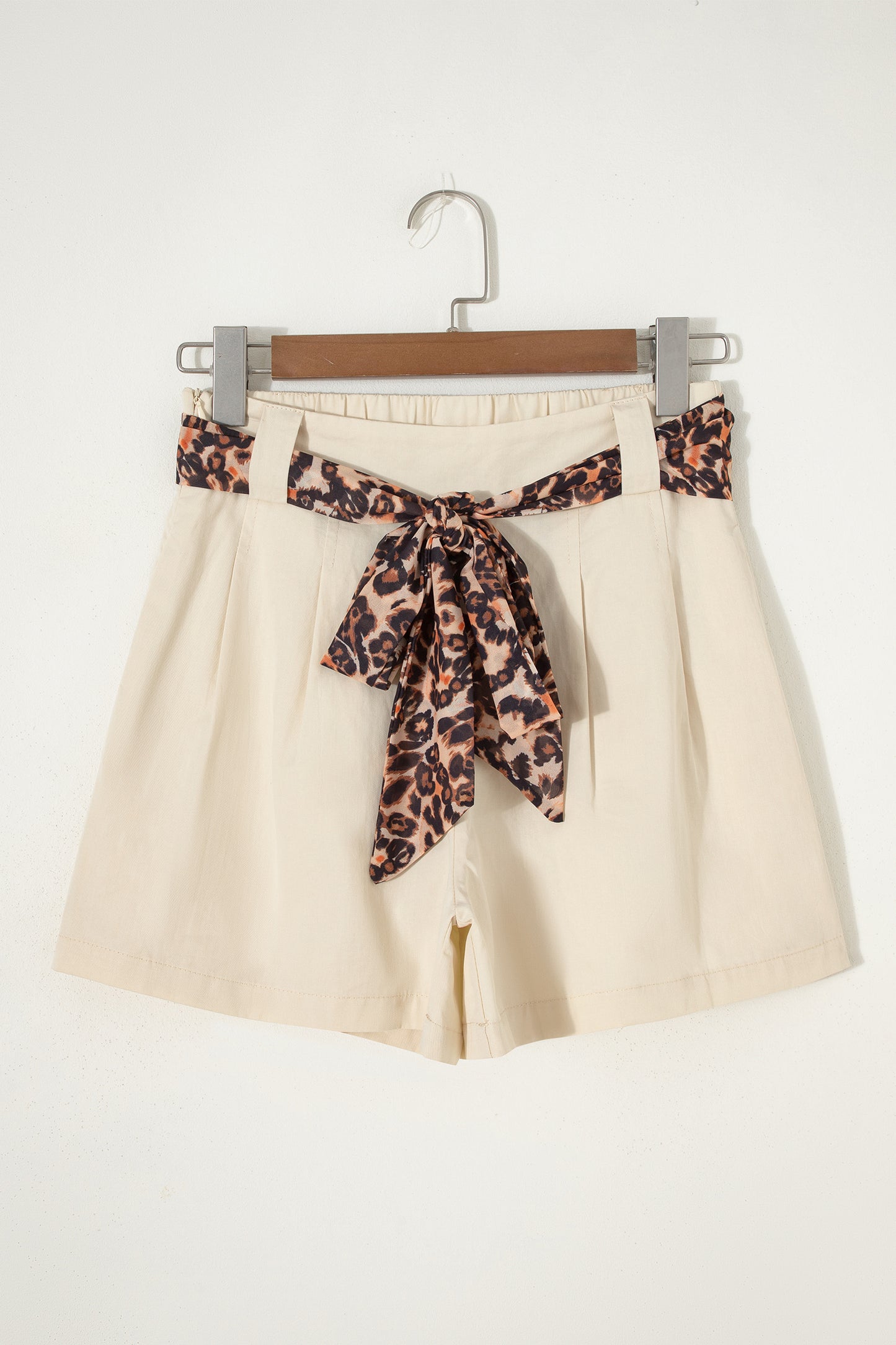 Oatmeal Leopard Contrast Sash Belt Pleated Wide Leg Shorts-Bottoms/Casual Shorts-[Adult]-[Female]-2022 Online Blue Zone Planet