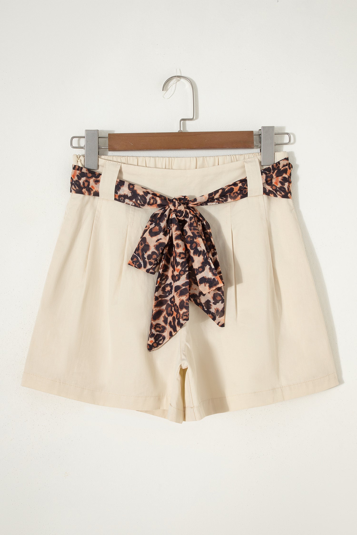 Oatmeal Leopard Contrast Sash Belt Pleated Wide Leg Shorts-Bottoms/Casual Shorts-[Adult]-[Female]-2022 Online Blue Zone Planet