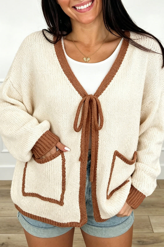 Apricot Contrast Trim V-Neck Tie Front Loose Sweater Cardigan-Sweaters & Cardigans/Cardigans-[Adult]-[Female]-Apricot-S-2022 Online Blue Zone Planet