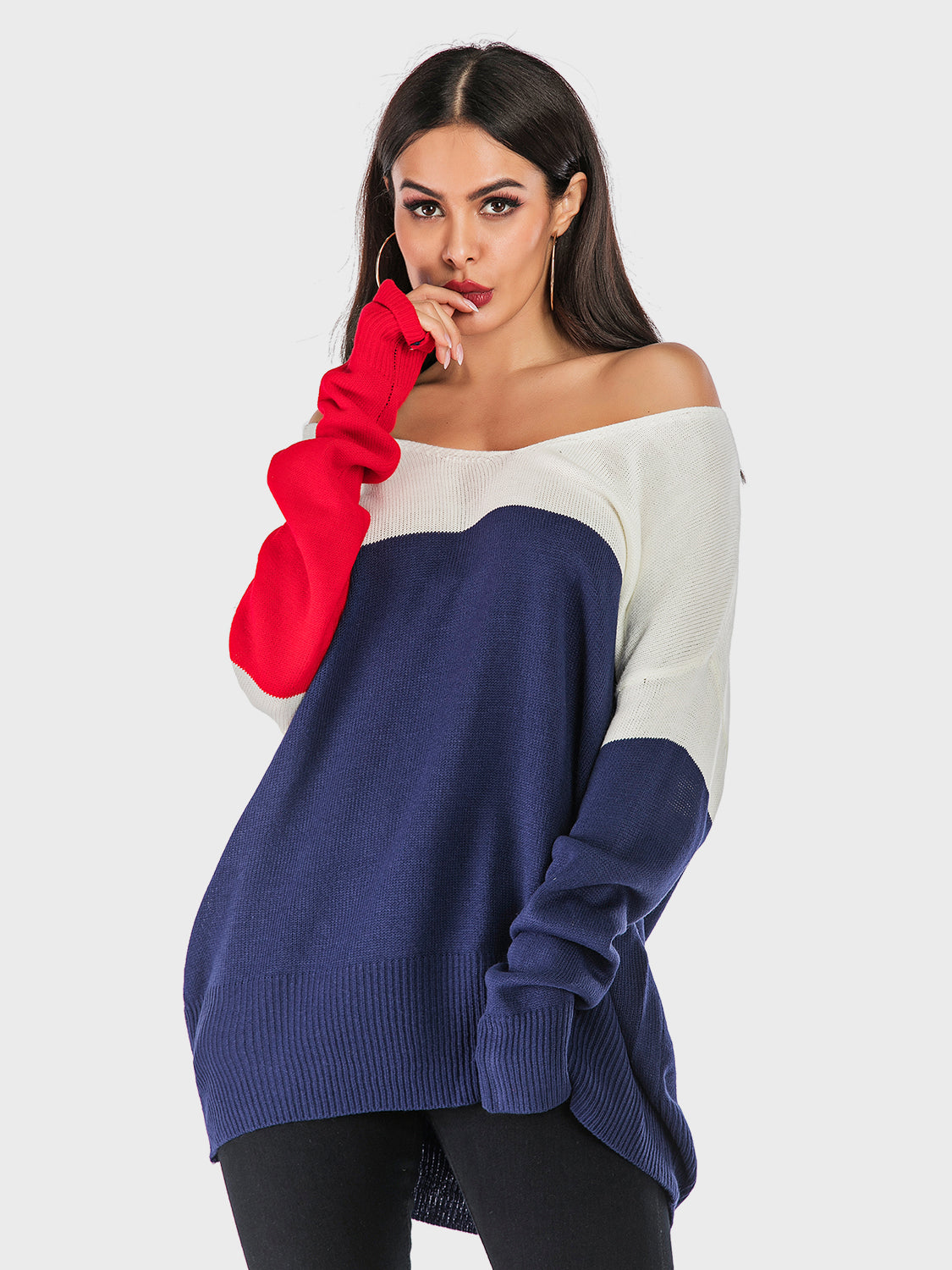 Perfee Contrast V-Neck Long Sleeve Knit Top-NEW ARRIVALS-[Adult]-[Female]-2022 Online Blue Zone Planet