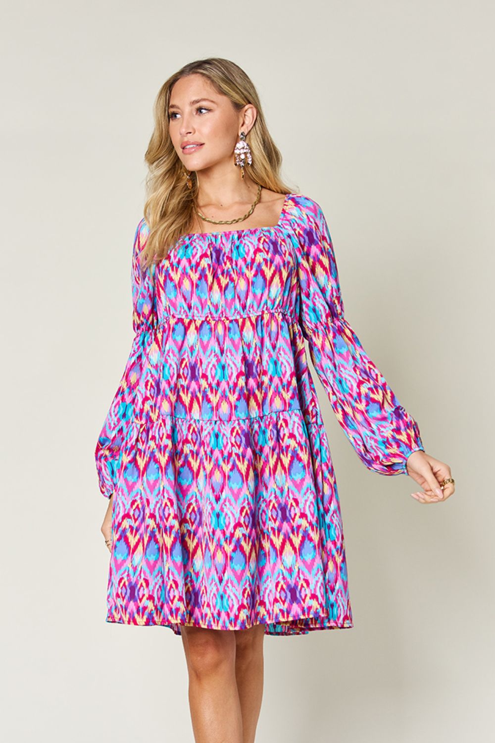 Double Take Full Size Printed Long Sleeve Dress-TOPS / DRESSES-[Adult]-[Female]-2022 Online Blue Zone Planet