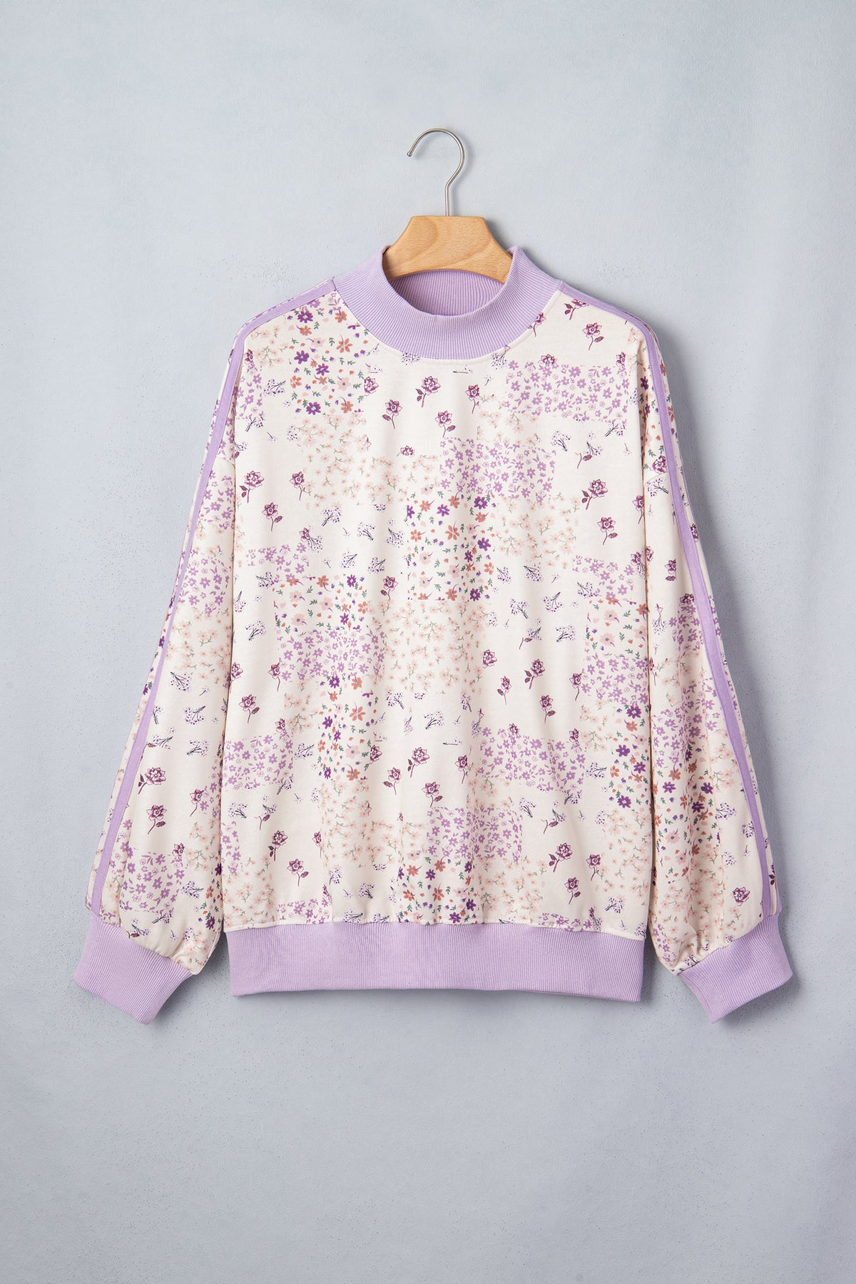 Purple Floral Print High Neck Colorblock Sleeve Paneling Sweatshirt-Tops/Sweatshirts & Hoodies-[Adult]-[Female]-2022 Online Blue Zone Planet
