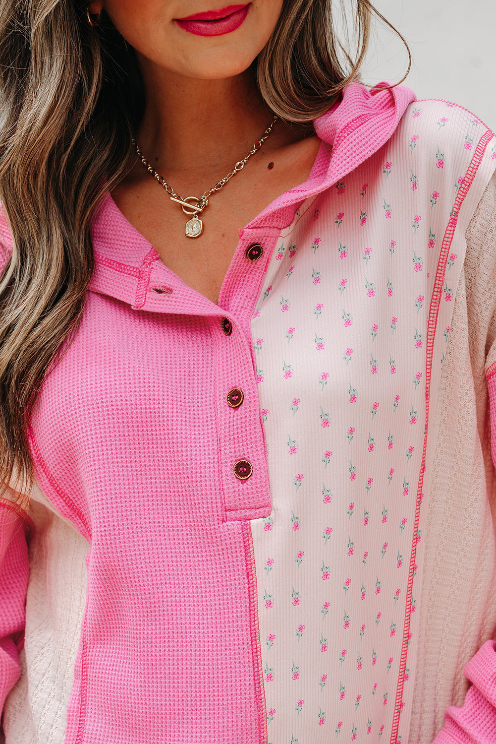 Pink Mixed Texture Waffle Floral Patchwork Hooded Oversize Pullover-Tops/Sweatshirts & Hoodies-[Adult]-[Female]-2022 Online Blue Zone Planet