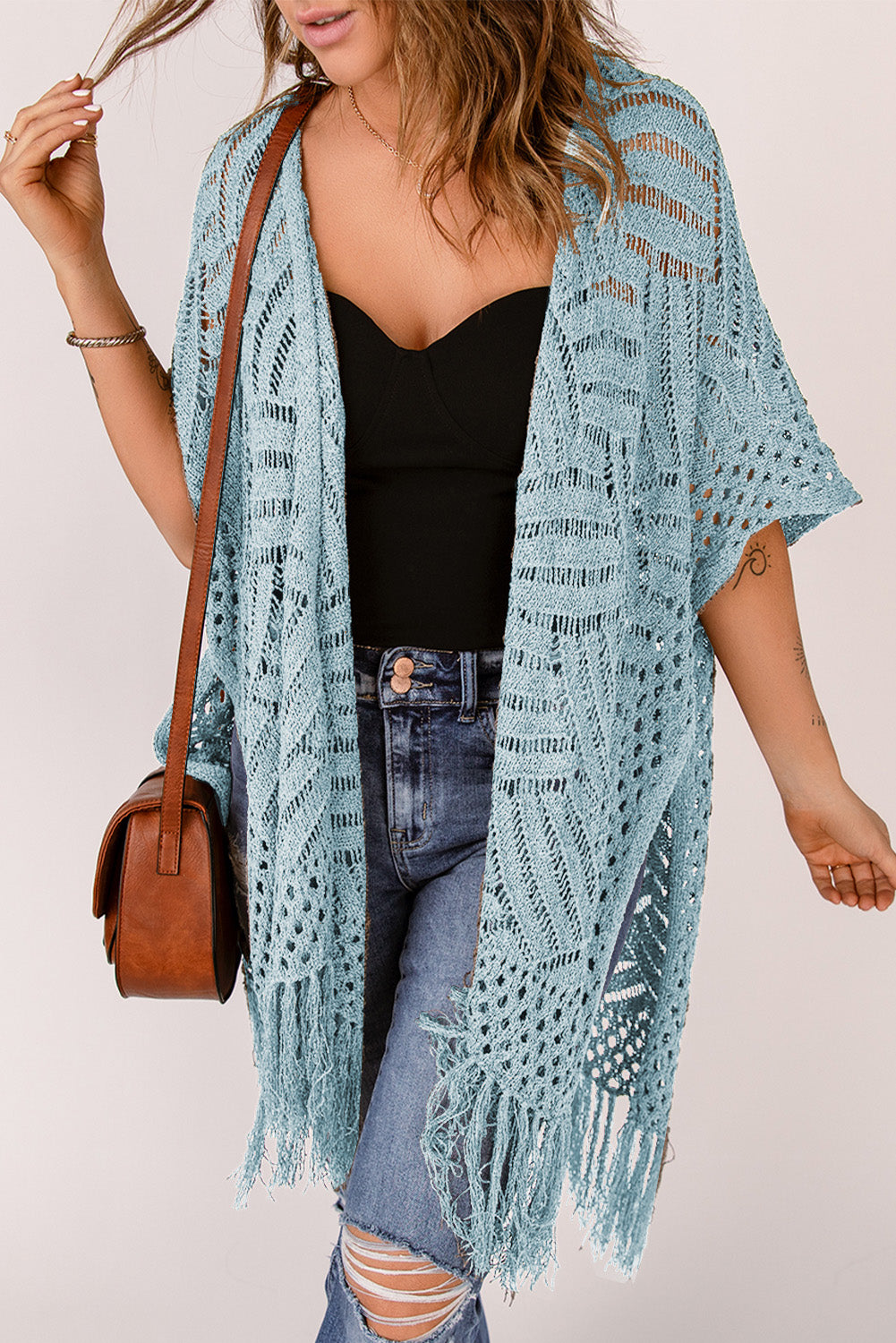 Blue Zone Planet | Openwork Open Front Cardigan with Fringes-TOPS / DRESSES-[Adult]-[Female]-2022 Online Blue Zone Planet