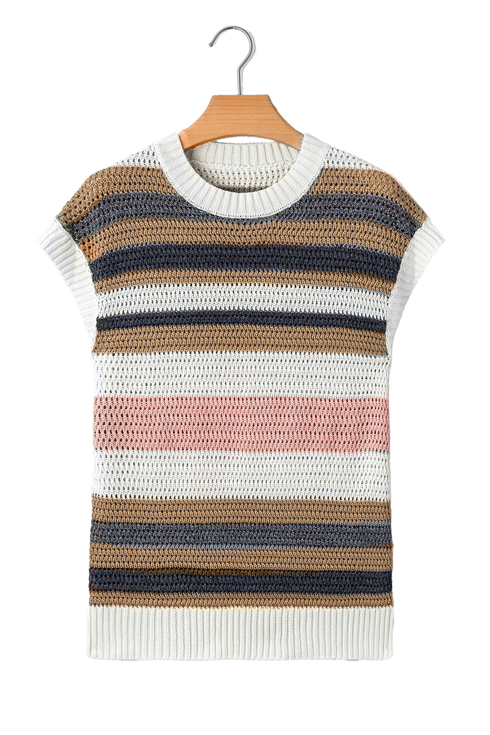 Blue Zone Planet | Pink Stripe Colorblock Eyelet Knit Short Sleeve Sweater Tee-Short Sleeve Sweater-[Adult]-[Female]-2022 Online Blue Zone Planet