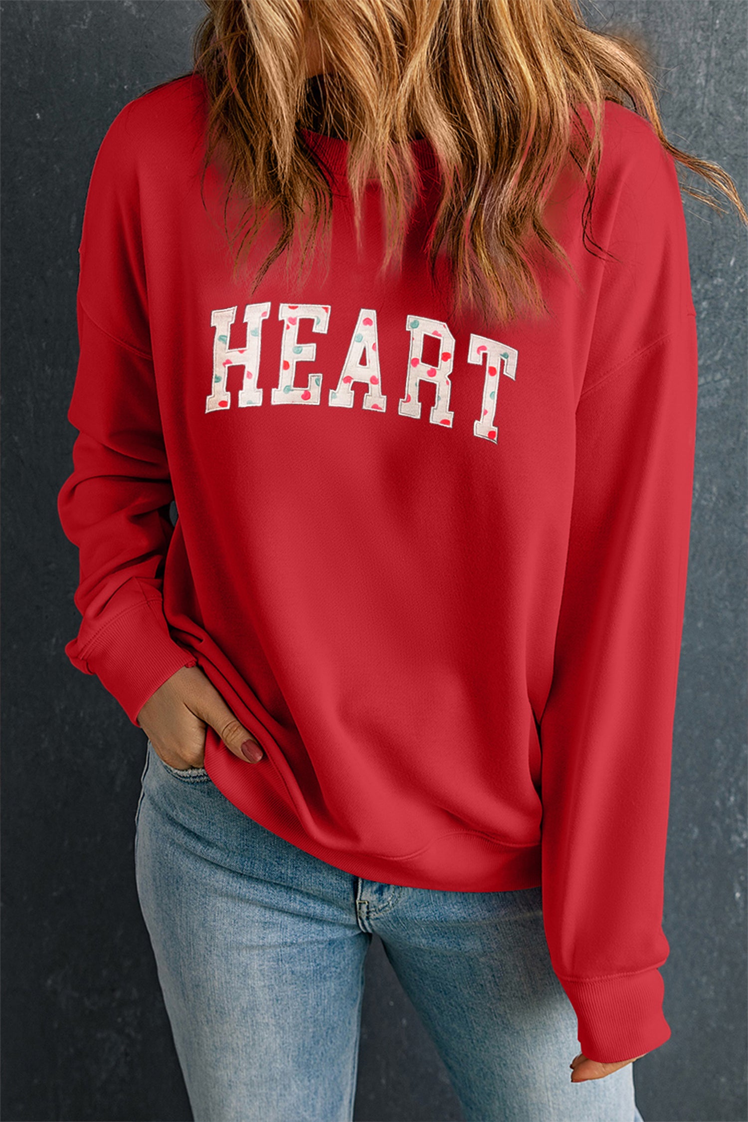 Red HEART Embroidered Patched Graphic Valentine Sweatshirt-Graphic Sweatshirts-[Adult]-[Female]-2022 Online Blue Zone Planet