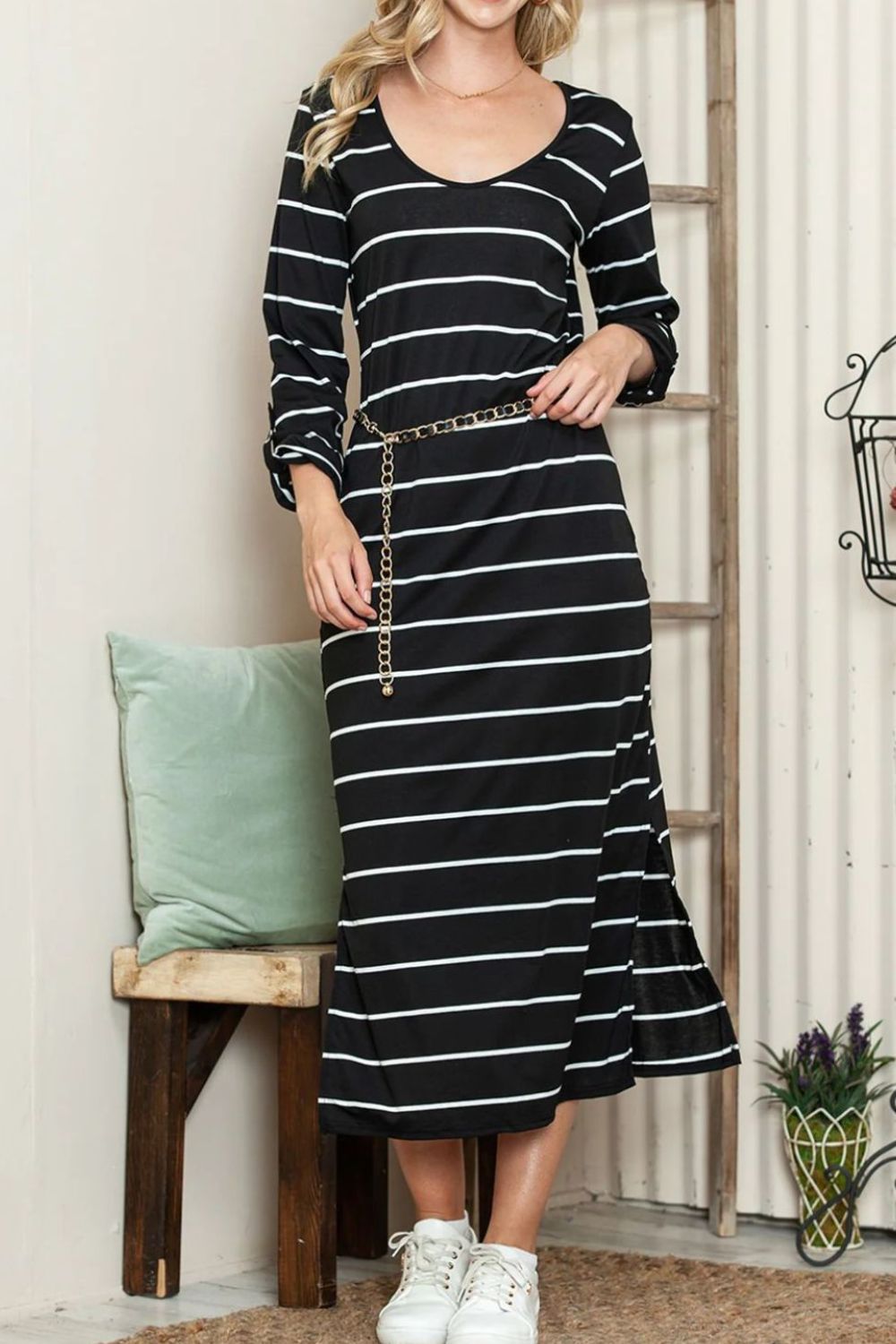 Slit Striped Scoop Neck Long Sleeve Midi Tee Dress-TOPS / DRESSES-[Adult]-[Female]-Black-S-2022 Online Blue Zone Planet