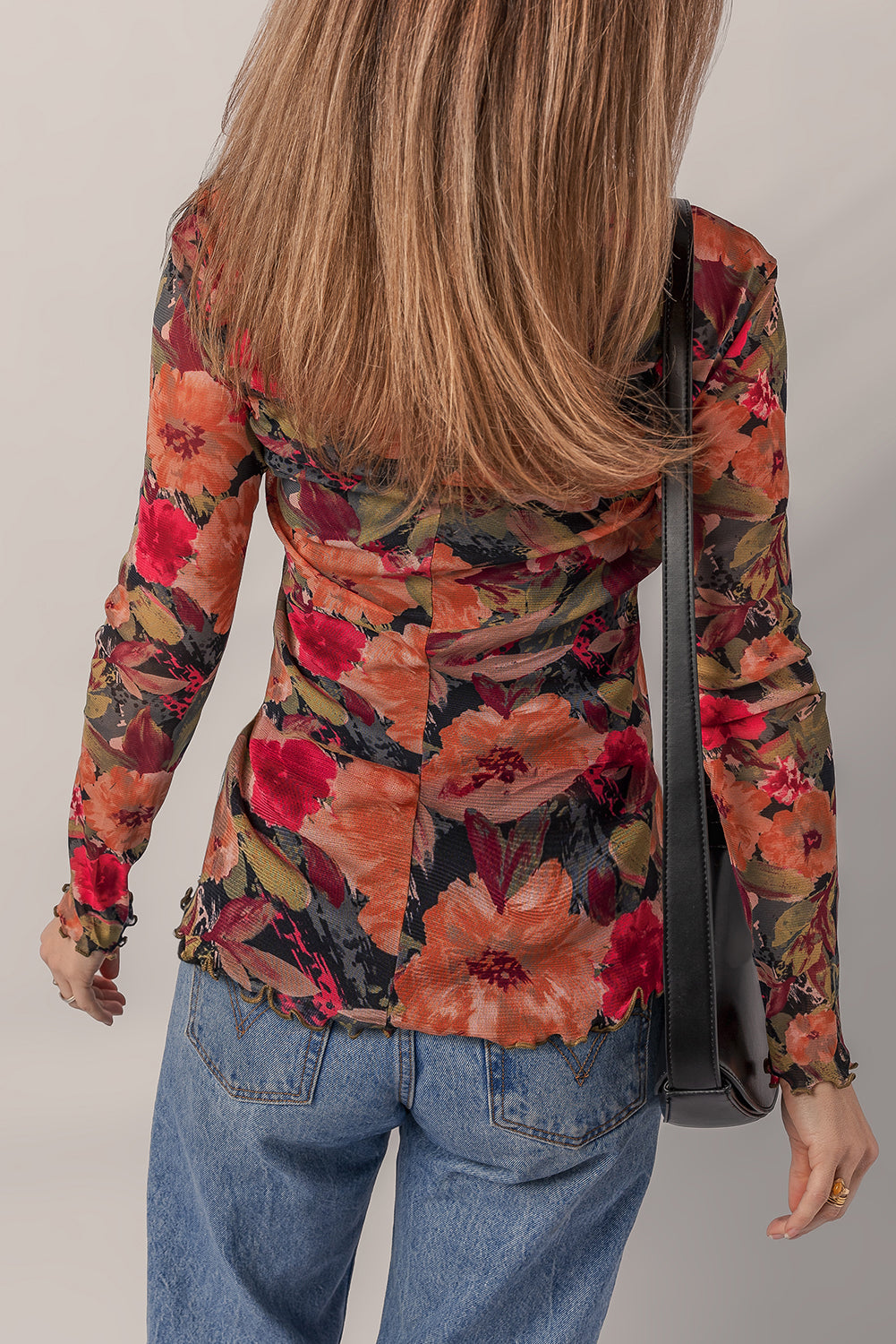 Multicolour Floral Print Lettuce Trim Long Sleeve Mesh Top-Tops/Long Sleeve Tops-[Adult]-[Female]-2022 Online Blue Zone Planet