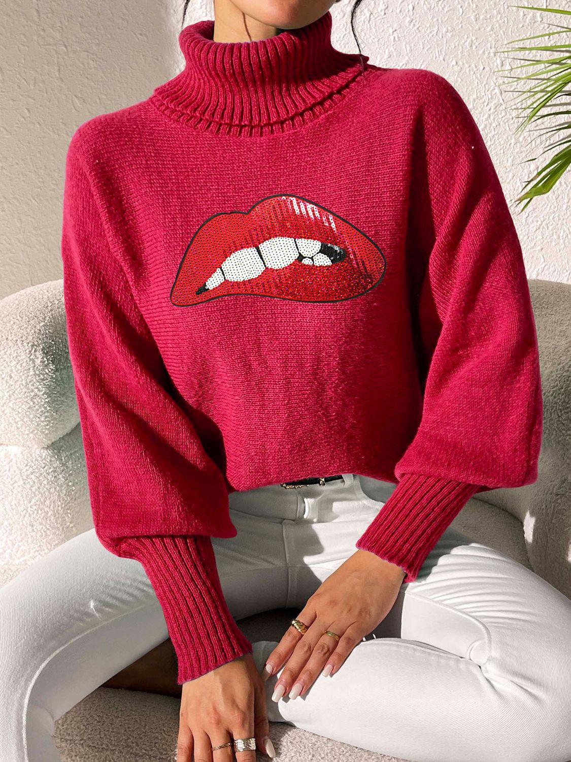 Lip Turtleneck Long Sleeve Sweater-TOPS / DRESSES-[Adult]-[Female]-Deep Red-S-2022 Online Blue Zone Planet