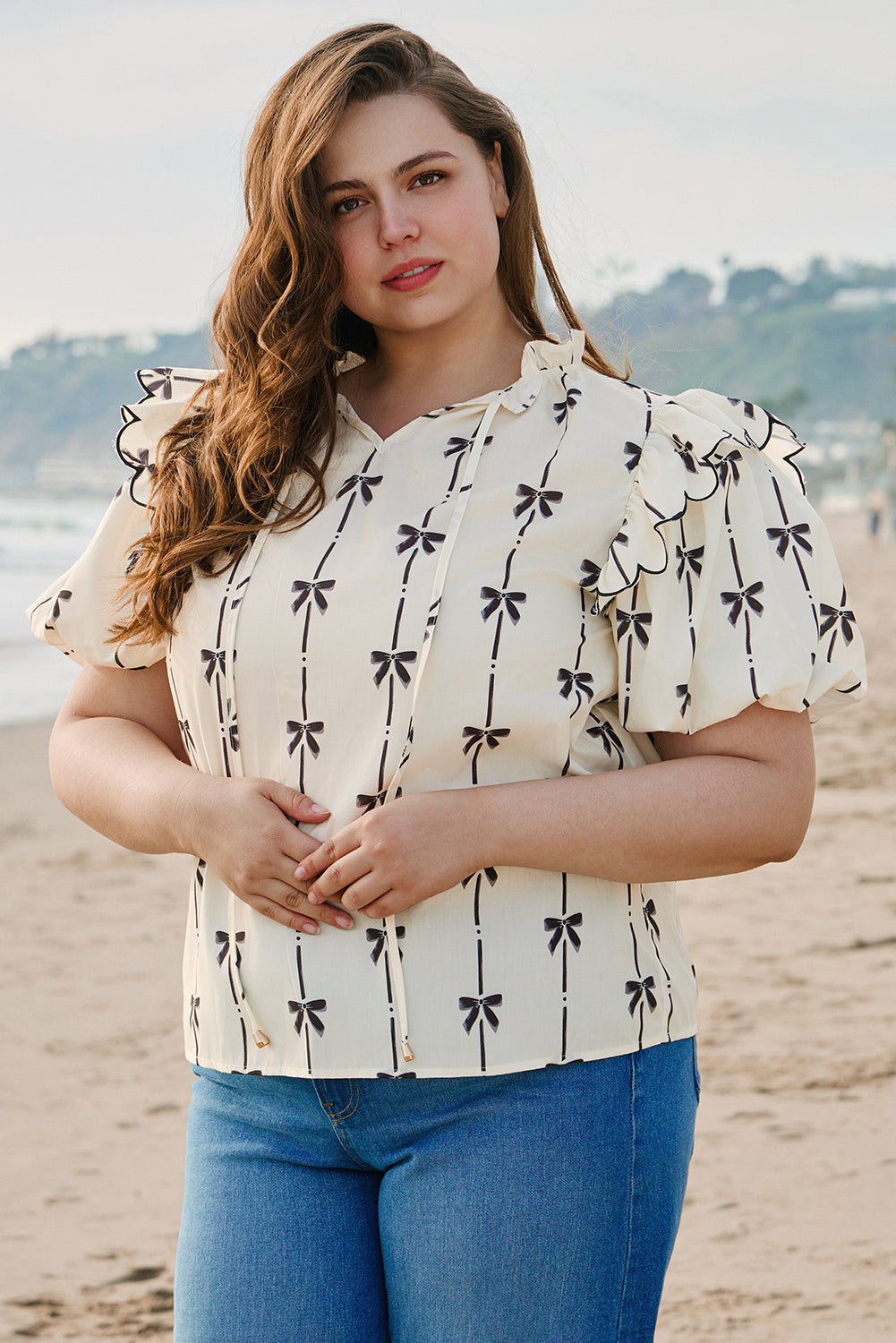 Apricot Bow Printed Ruffled Bubble Sleeve Lace-up Notched Neck Plus Size Blouse-Plus Size/Plus Size Tops/Plus Size Blouses & Shirts-[Adult]-[Female]-2022 Online Blue Zone Planet