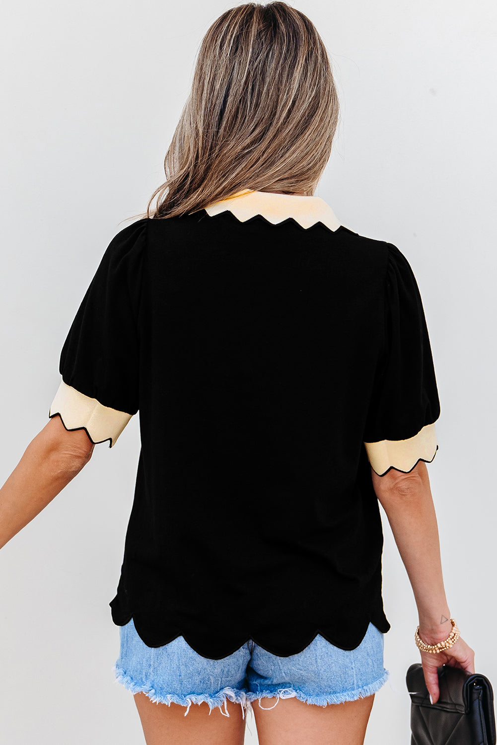 Black Color Contrast Collared V Neck Puff Sleeve Blouse-Tops/Blouses & Shirts-[Adult]-[Female]-2022 Online Blue Zone Planet