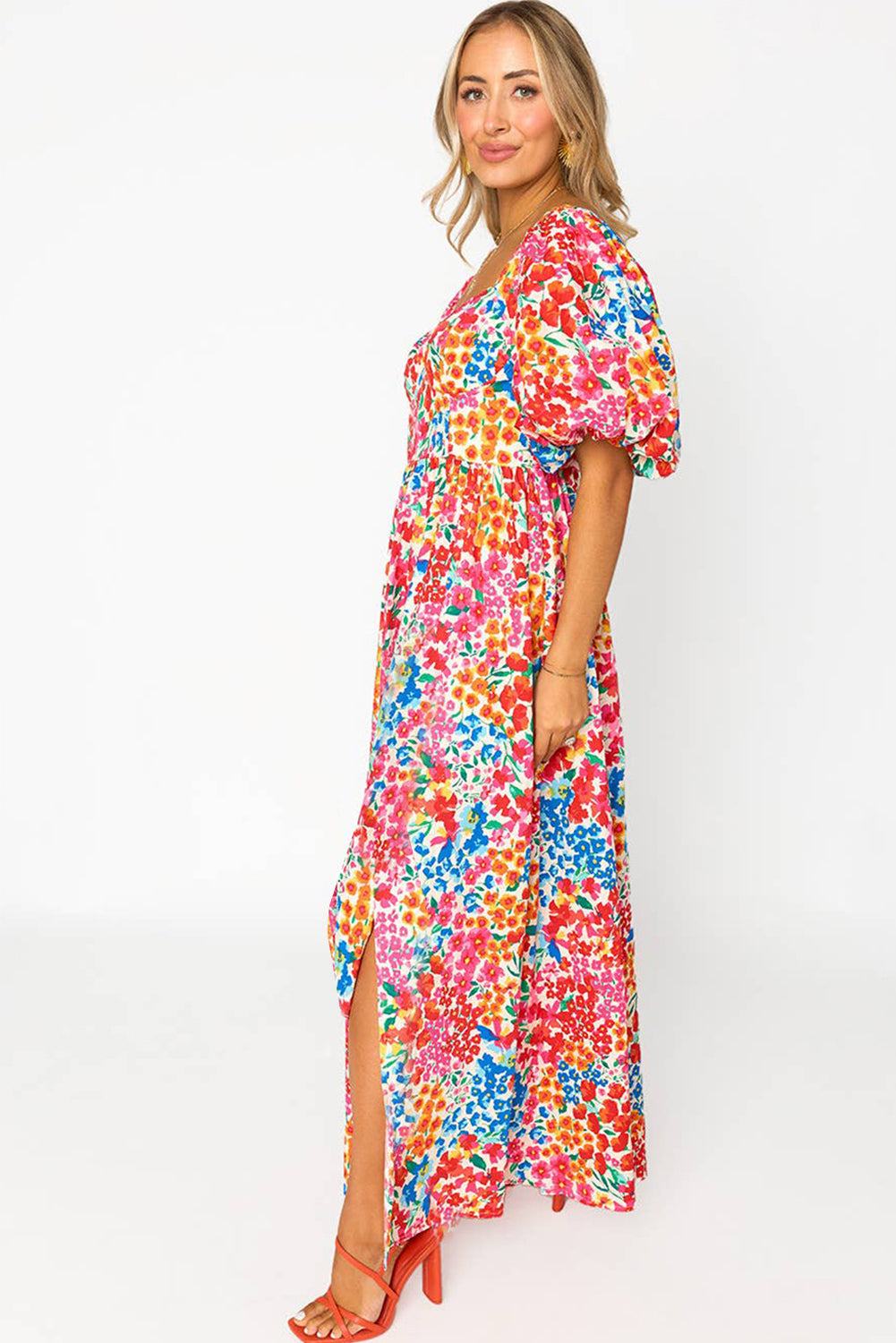 Blue Zone Planet | Rose Puff Sleeve Thigh High Split Floral Maxi Dress-TOPS / DRESSES-[Adult]-[Female]-2022 Online Blue Zone Planet