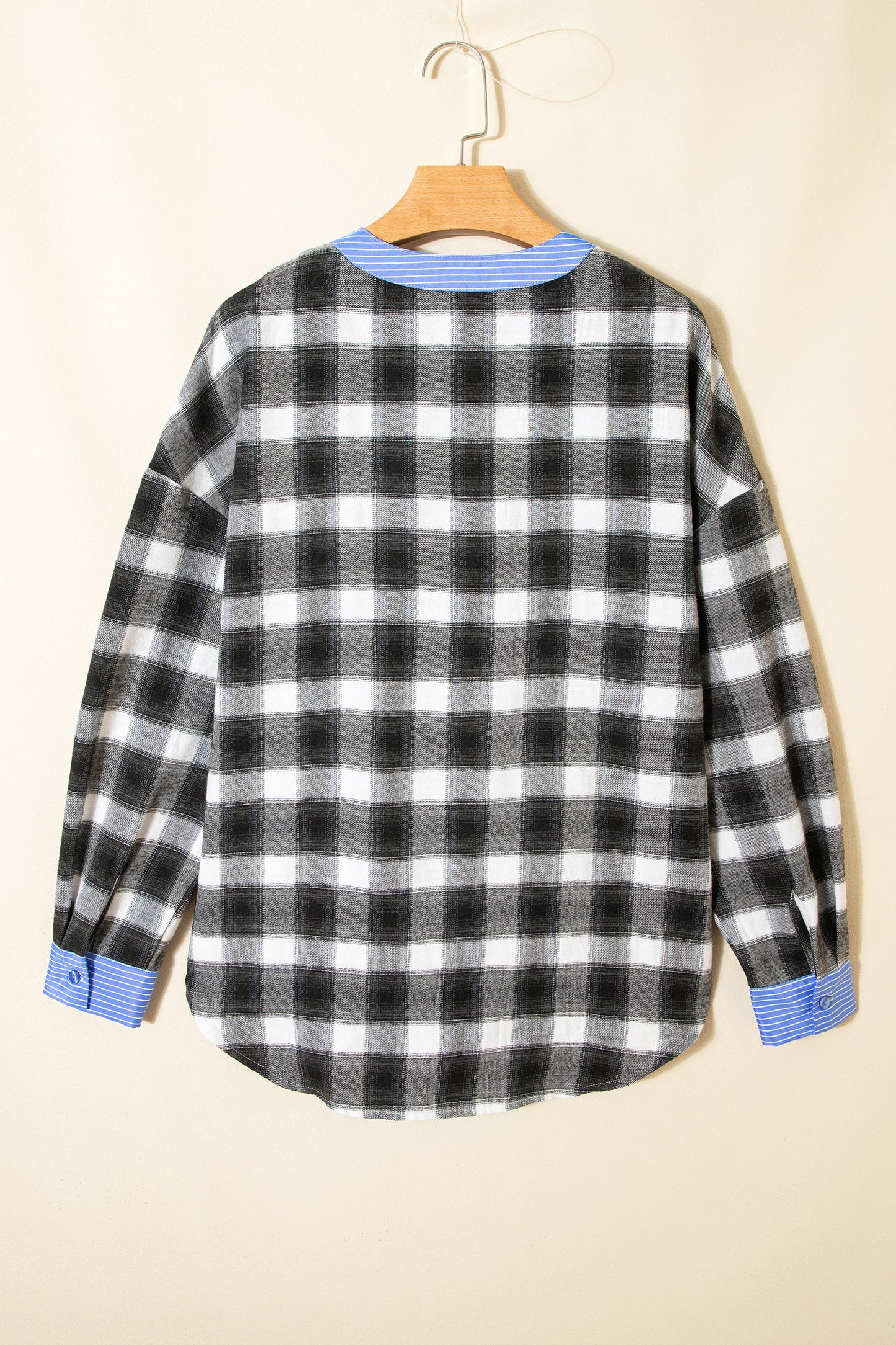 Black Contrast Striped Edge Half Placket Plaid Blouse-Tops/Blouses & Shirts-[Adult]-[Female]-2022 Online Blue Zone Planet