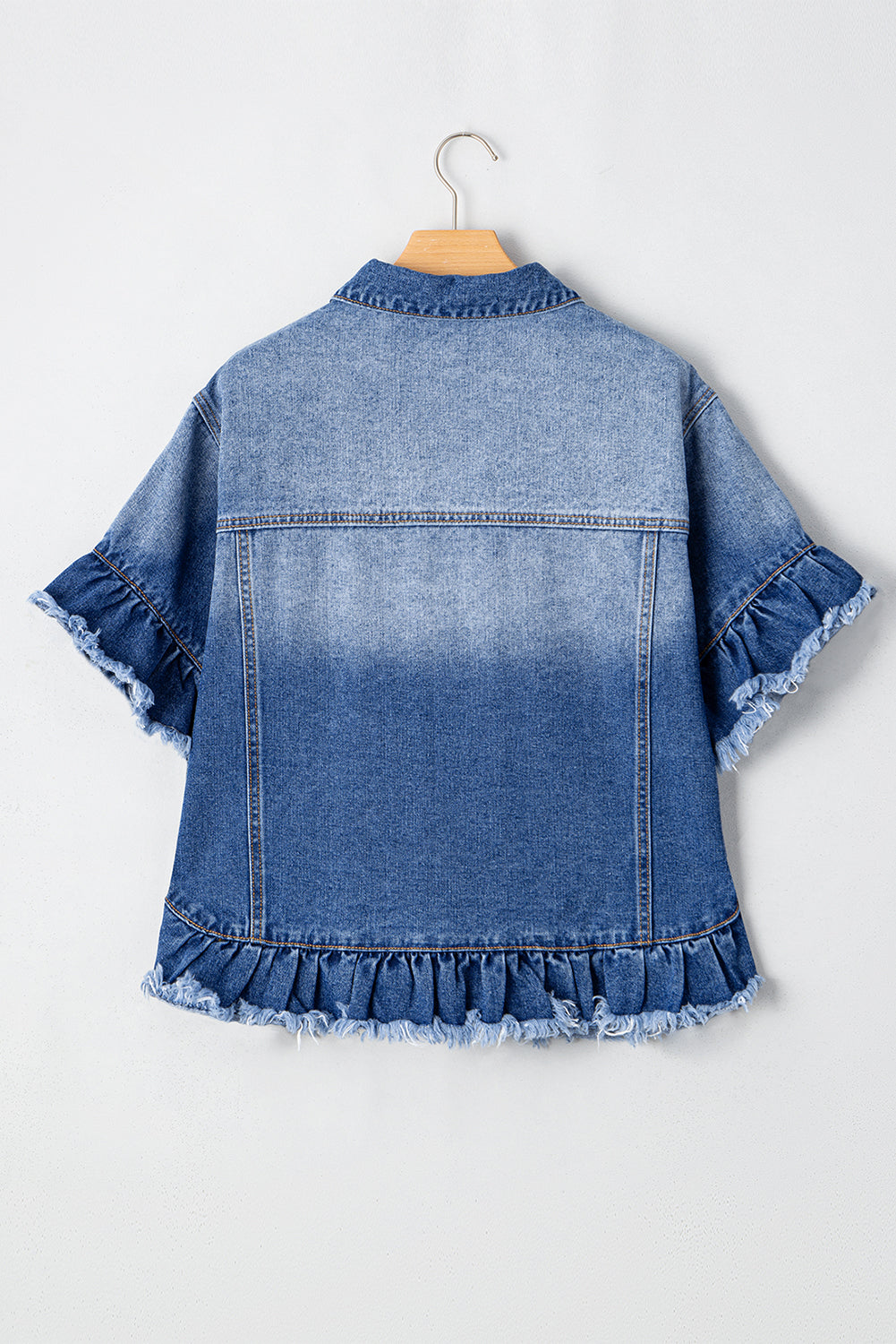 Blue Zone Planet | Peacock Blue Raw Edge Ruffled Short Sleeve Denim Jacket-Outerwear/Denim jackets-[Adult]-[Female]-2022 Online Blue Zone Planet