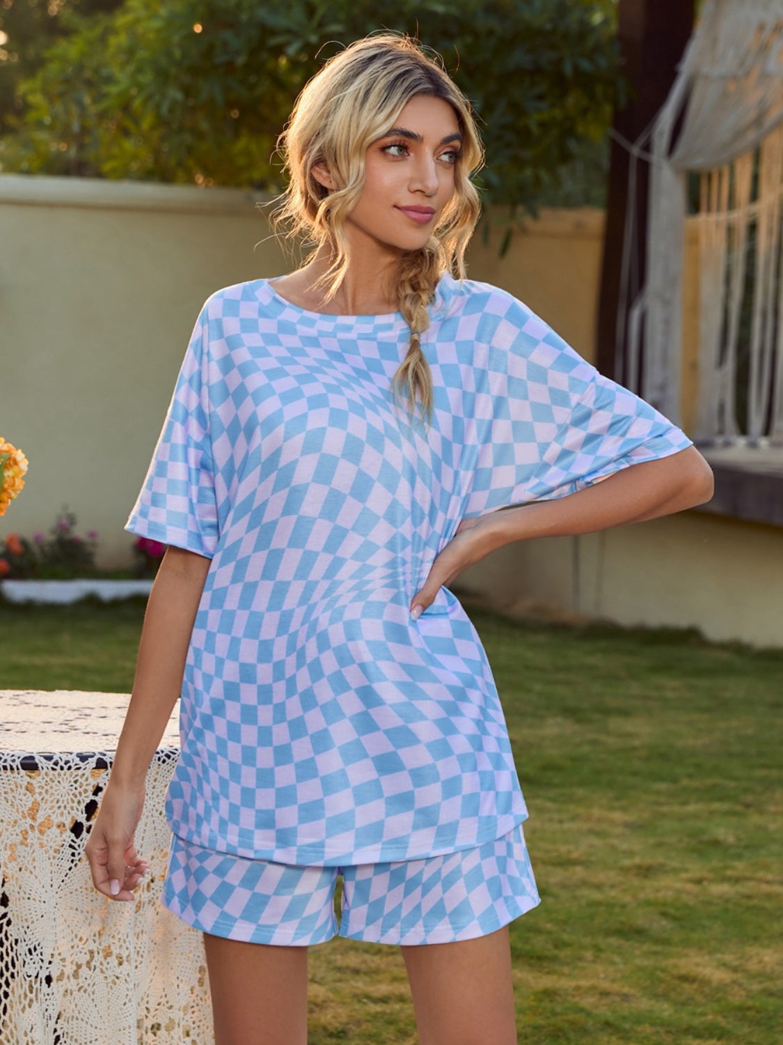 Blue Zone Planet | Plaid Round Neck Top and Shorts Lounge Set-TOPS / DRESSES-[Adult]-[Female]-2022 Online Blue Zone Planet