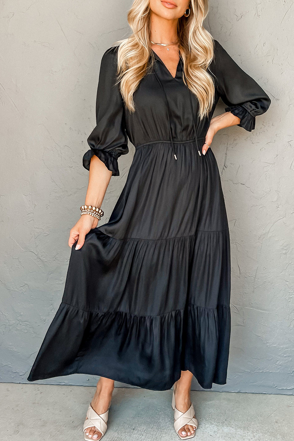 Black Flounced Bracelet Sleeve V Neck Tiered Maxi Dress-Dresses/Maxi Dresses-[Adult]-[Female]-Black-S-2022 Online Blue Zone Planet