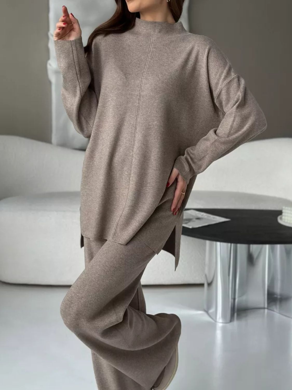 Slit Mock Neck Top and Pants Sweater Set-TOPS / DRESSES-[Adult]-[Female]-Mocha-S-2022 Online Blue Zone Planet