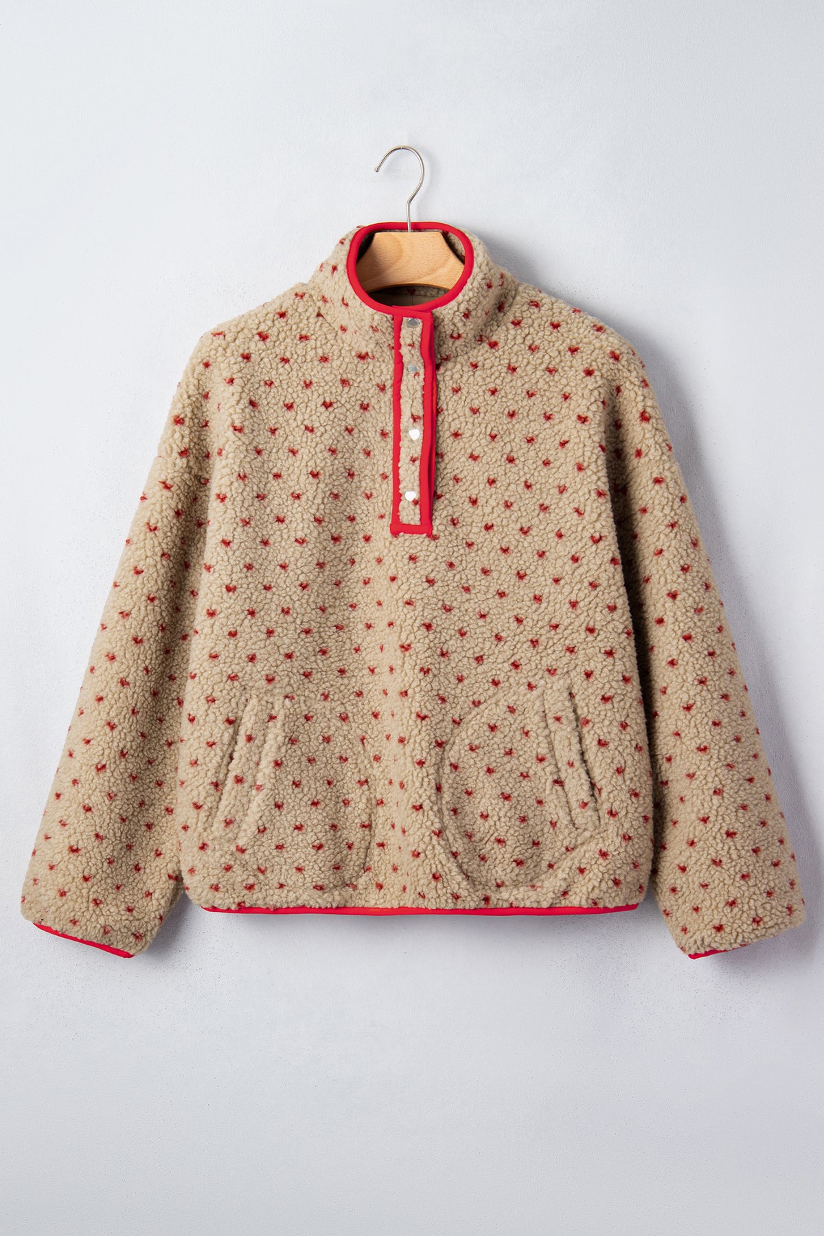Khaki Heart Pattern Fleece Colorblock Collar Long Sleeve Sweatshirt-Tops/Sweatshirts & Hoodies-[Adult]-[Female]-2022 Online Blue Zone Planet
