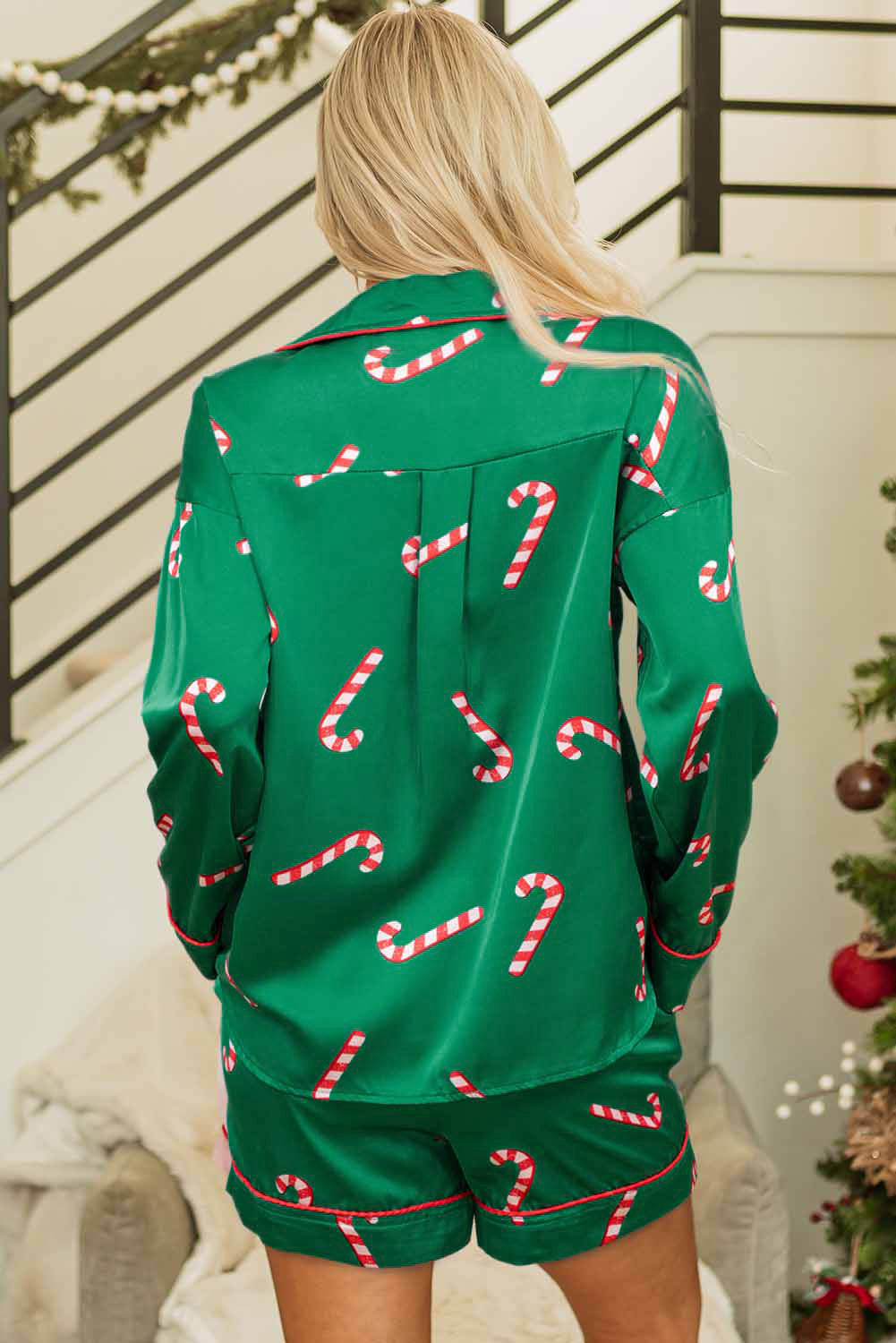 Blue Zone Planet | Green Christmas Candy Cane Print Shirt and Shorts Pajama Set-Loungewear & Sleepwear/Sleepwear-[Adult]-[Female]-2022 Online Blue Zone Planet