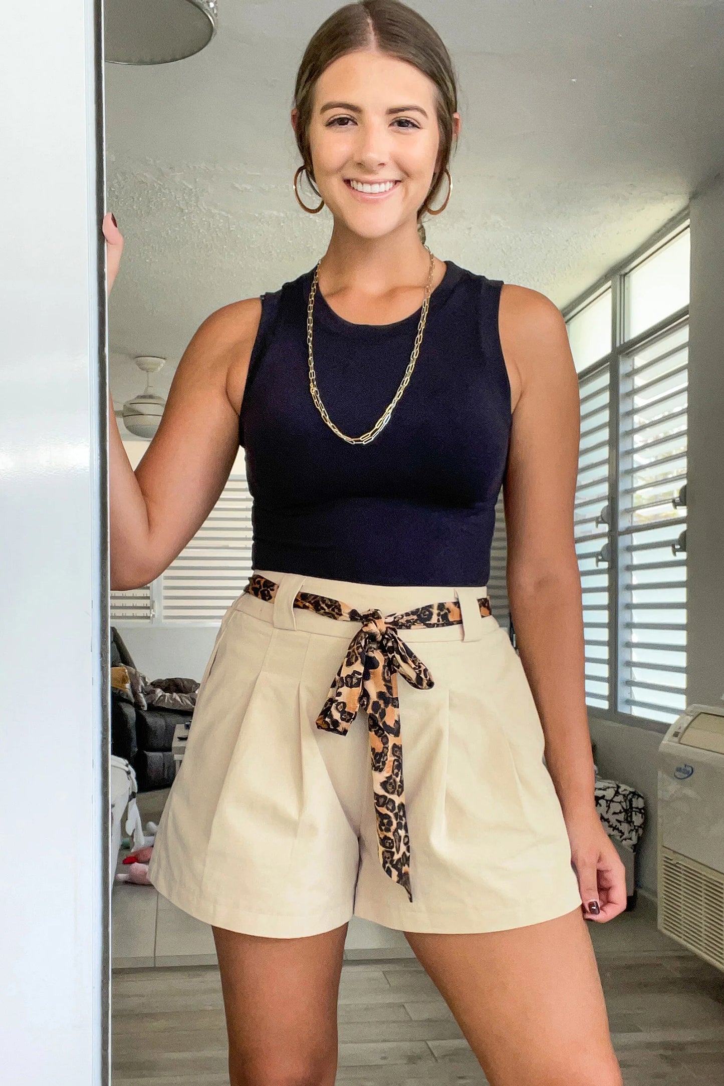 Oatmeal Leopard Contrast Sash Belt Pleated Wide Leg Shorts-Bottoms/Casual Shorts-[Adult]-[Female]-2022 Online Blue Zone Planet