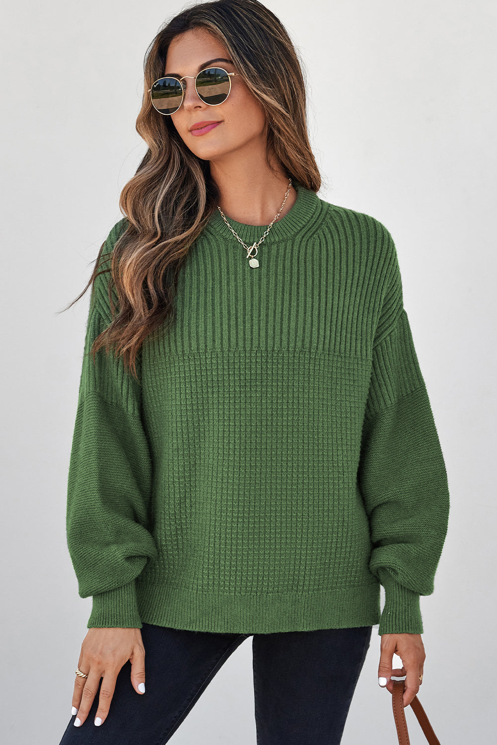 Vineyard Green Solid Color Mixed Textured Knitted Crew Neck Sweater-Sweaters & Cardigans/Sweaters-[Adult]-[Female]-2022 Online Blue Zone Planet