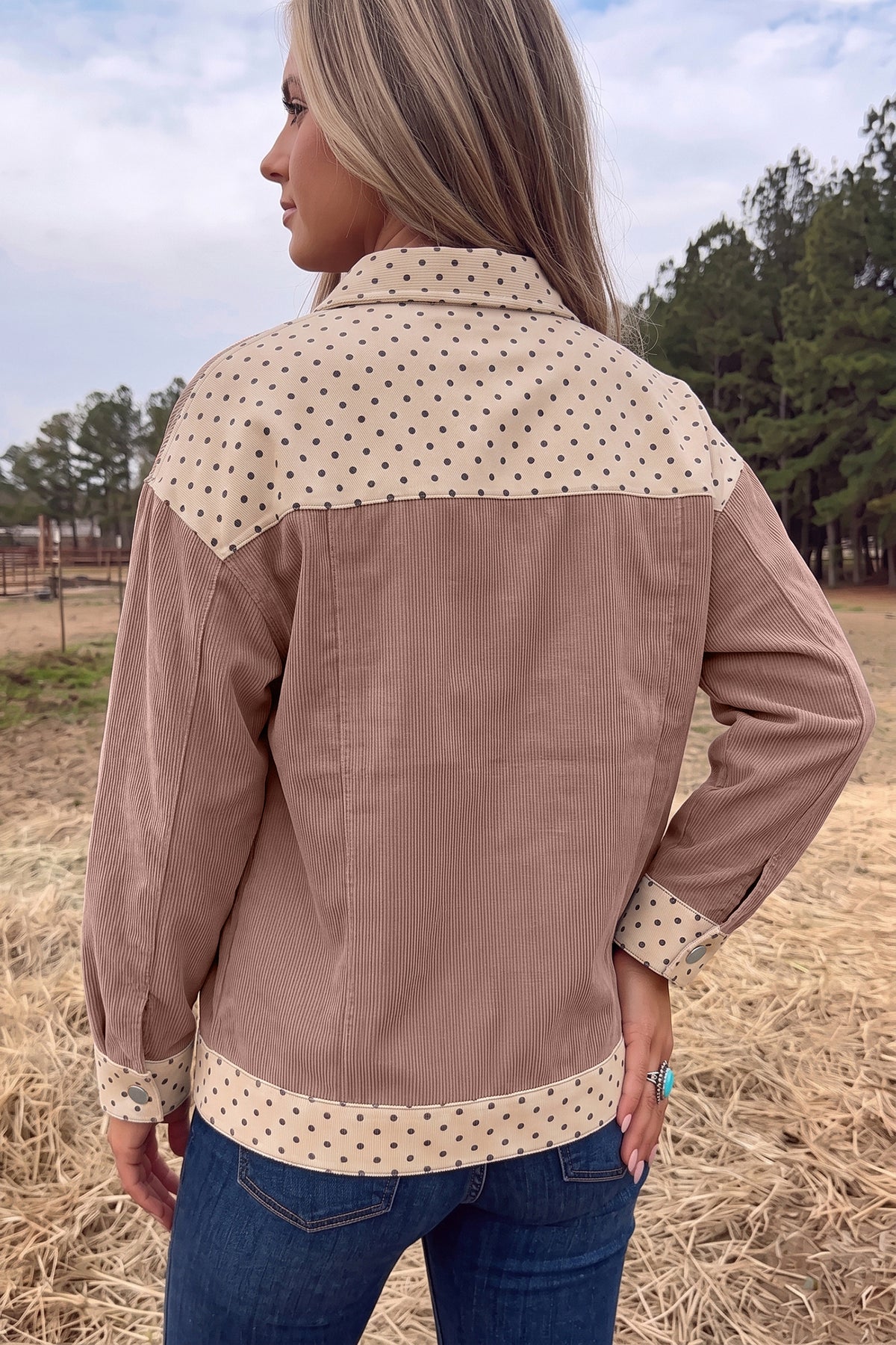 Goat Contrast Polka Dot Patchwork Corduroy Button Shacket-Outerwear/Jackets-[Adult]-[Female]-2022 Online Blue Zone Planet