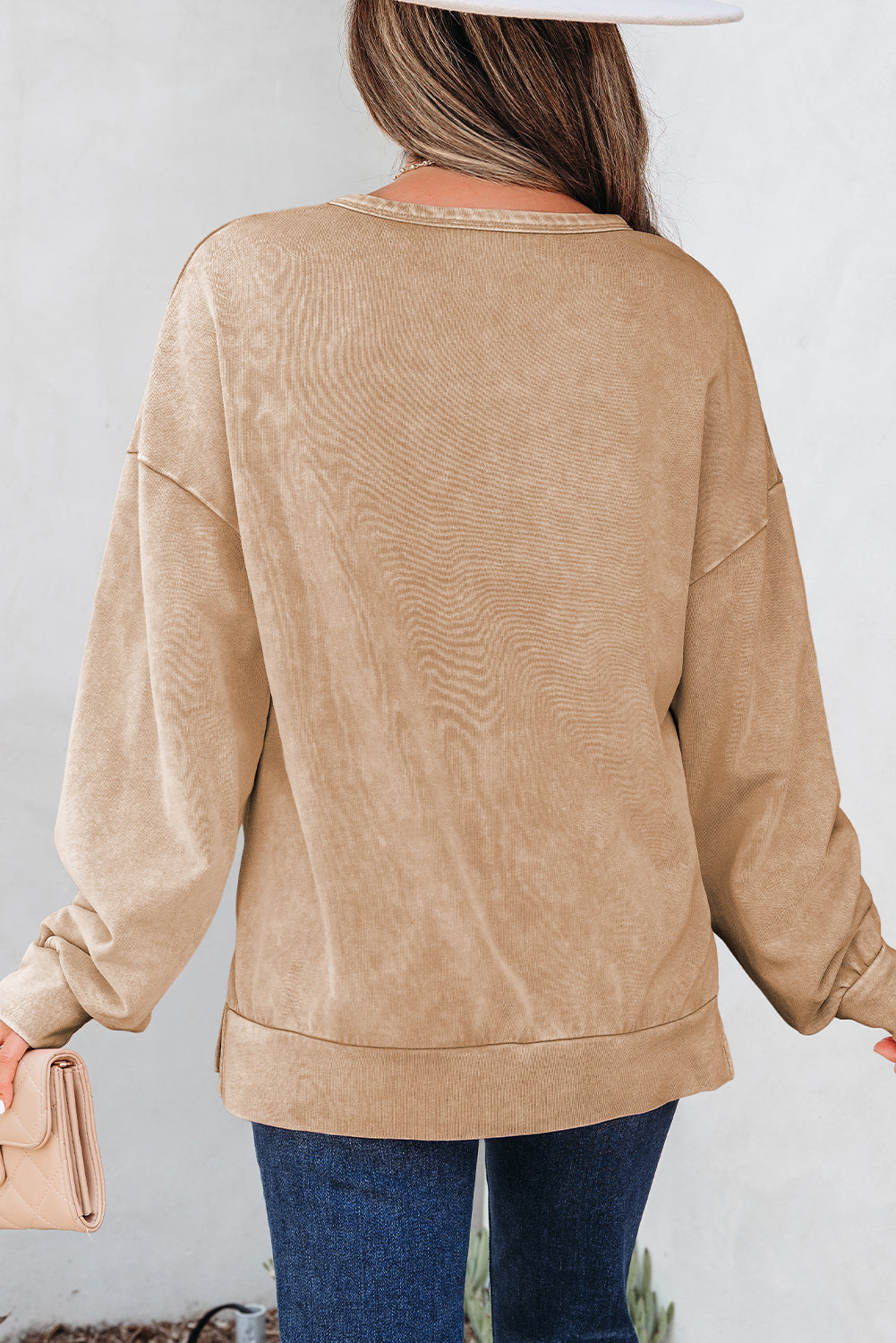 Light French Beige Mineral Wash Big Bow Patchwork Pullover Sweatshirt-Tops/Sweatshirts & Hoodies-[Adult]-[Female]-2022 Online Blue Zone Planet