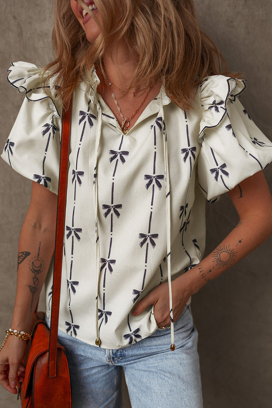 Beige Bow Printed Ruffled Bubble Sleeve Tied Notched V Neck Blouse-Tops/Blouses & Shirts-[Adult]-[Female]-Beige-S-2022 Online Blue Zone Planet