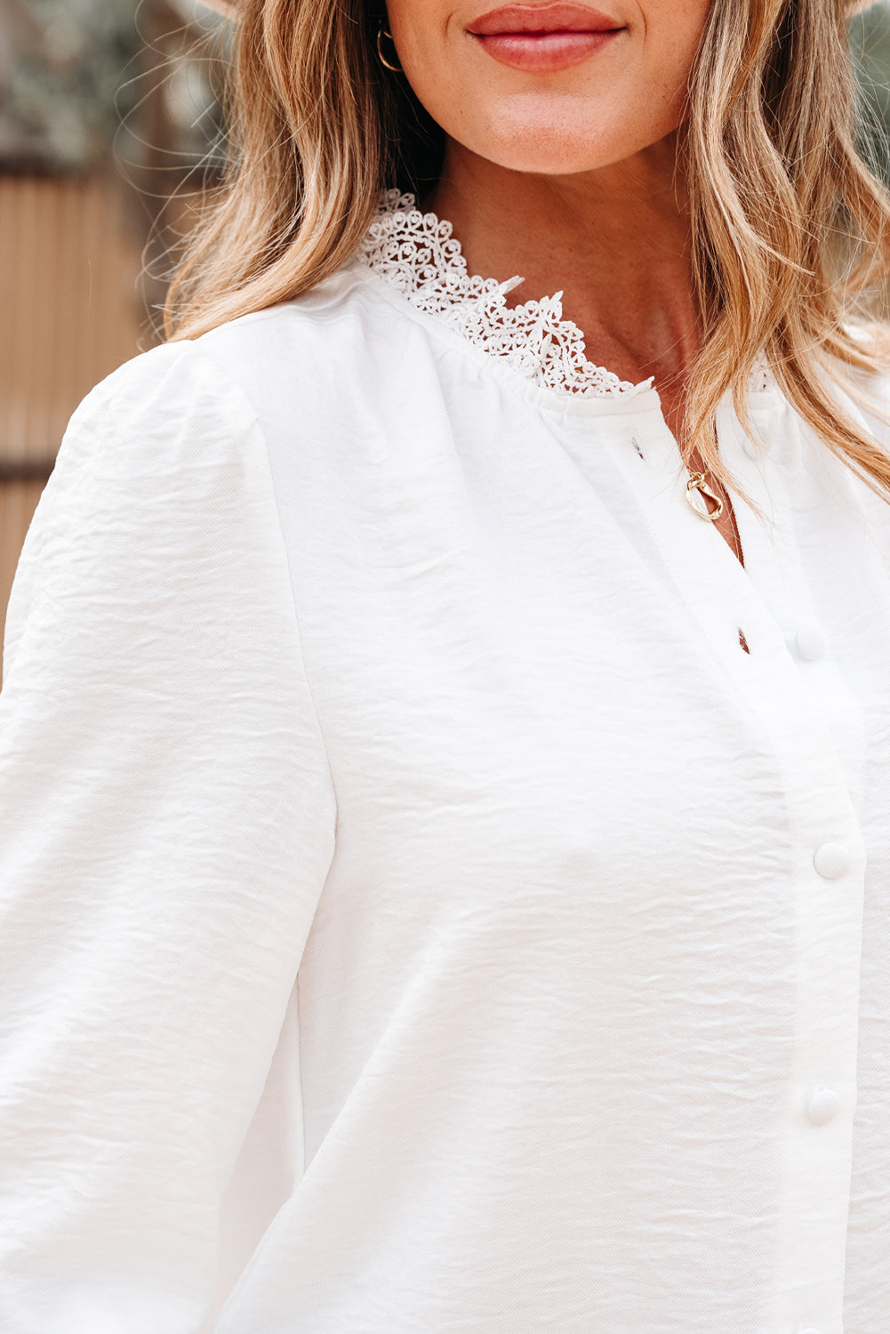 White Lace Patchwork Buttoned Stand Neck Loose Shirt-Tops/Blouses & Shirts-[Adult]-[Female]-2022 Online Blue Zone Planet