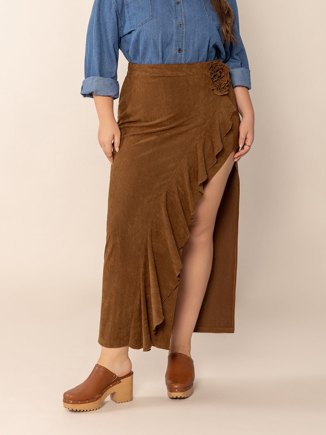 Plus Size Ruffled Slit High Rise Skirt-BOTTOM SIZES SMALL MEDIUM LARGE-[Adult]-[Female]-2022 Online Blue Zone Planet