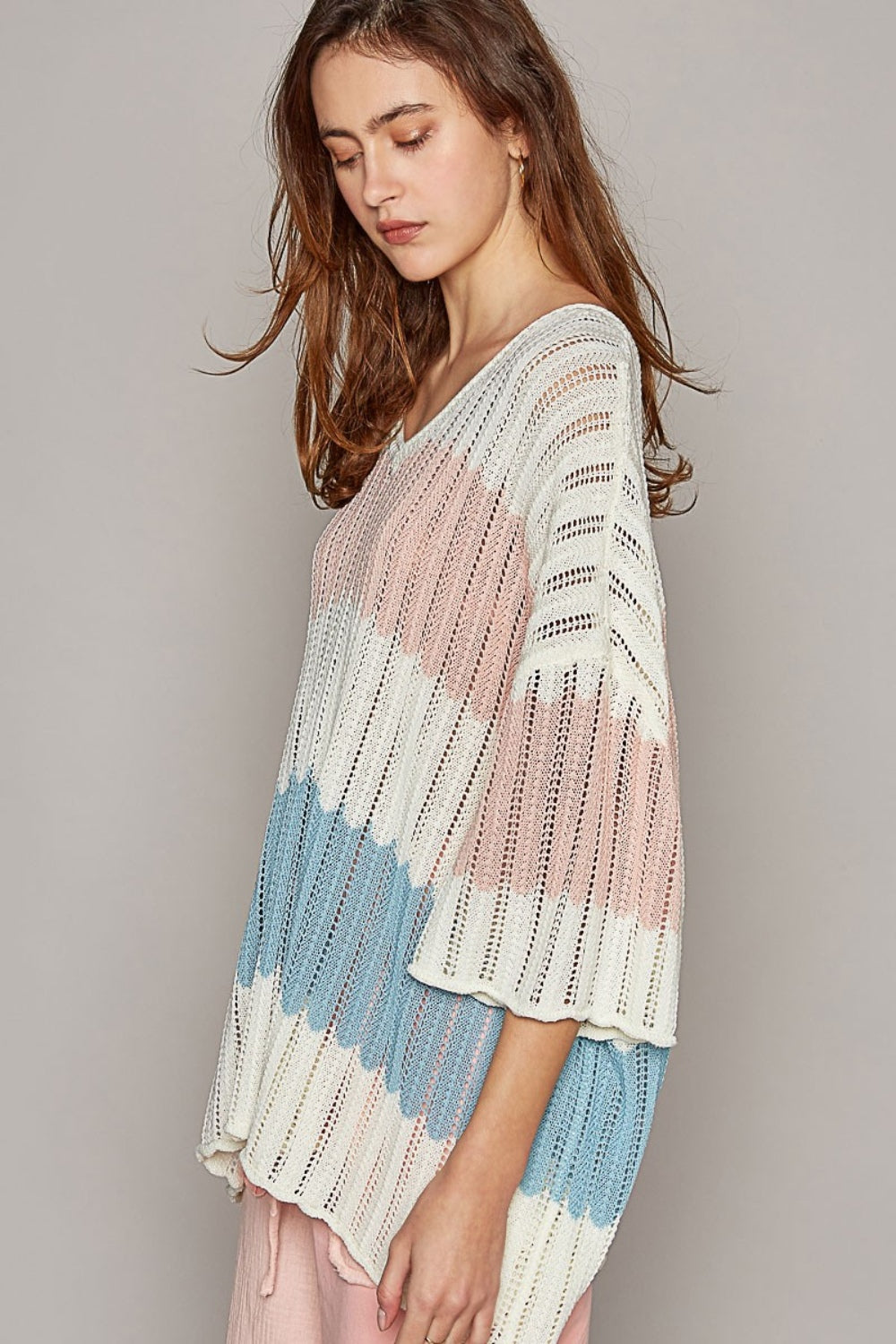 Blue Zone Planet | POL V-Neck Short Sleeve Stripe Weave Sweater-TOPS / DRESSES-[Adult]-[Female]-2022 Online Blue Zone Planet