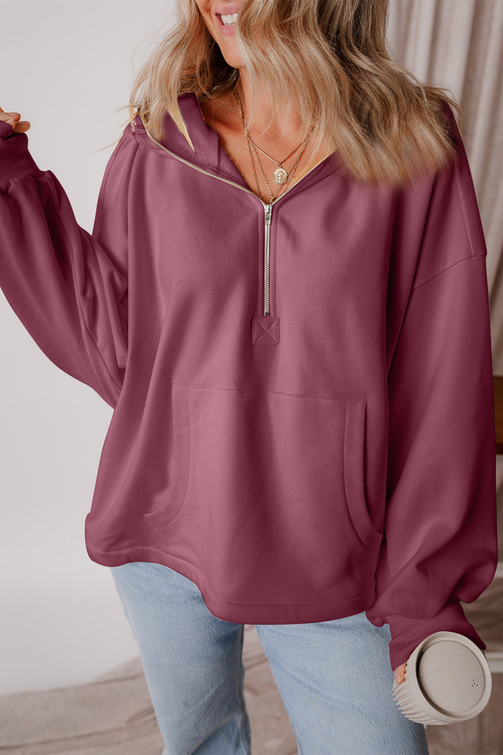 Pocketed Half Zip Dropped Shoulder Hoodie-HOODIES-[Adult]-[Female]-2022 Online Blue Zone Planet