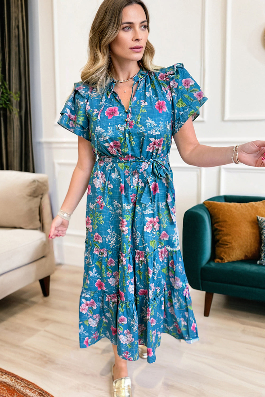 Blue Floral Flutter Sleeve Button Tie Split Neck Belted Long Dress-TOPS / DRESSES-[Adult]-[Female]-2022 Online Blue Zone Planet