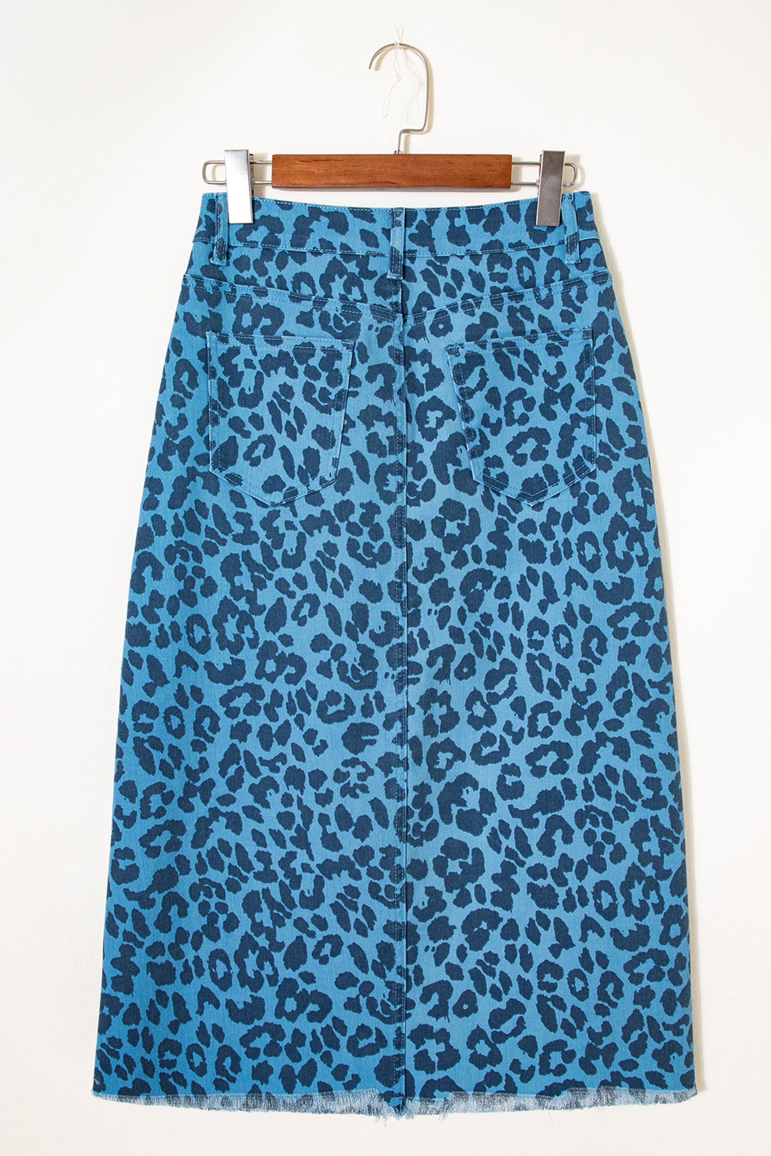 Sky Blue Leopard Denim Frayed Split Denim Midi Skirt-Bottoms/Skirts & Petticoat-[Adult]-[Female]-2022 Online Blue Zone Planet