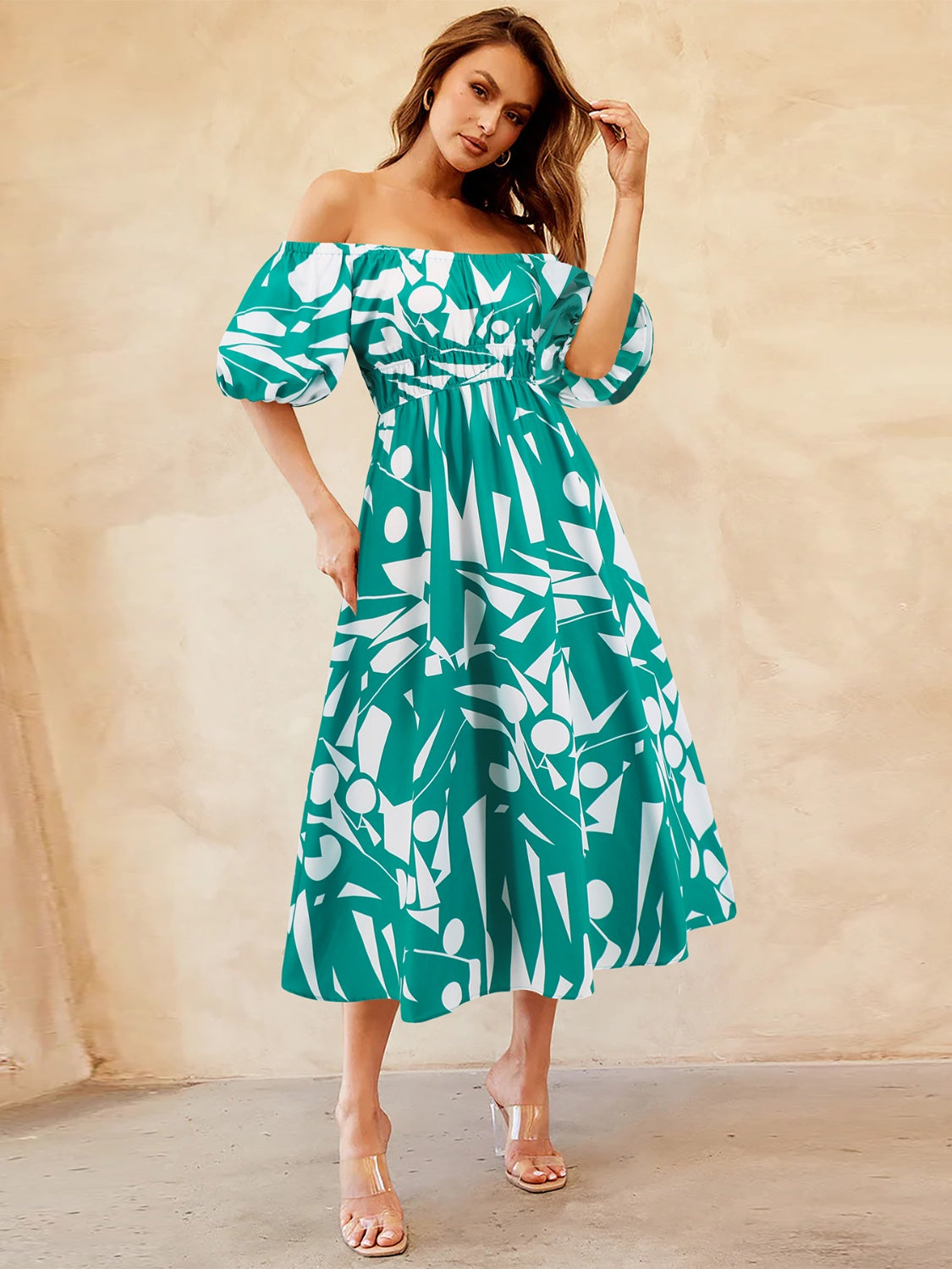 Printed Off-Shoulder Balloon Sleeve Dress-TOPS / DRESSES-[Adult]-[Female]-2022 Online Blue Zone Planet