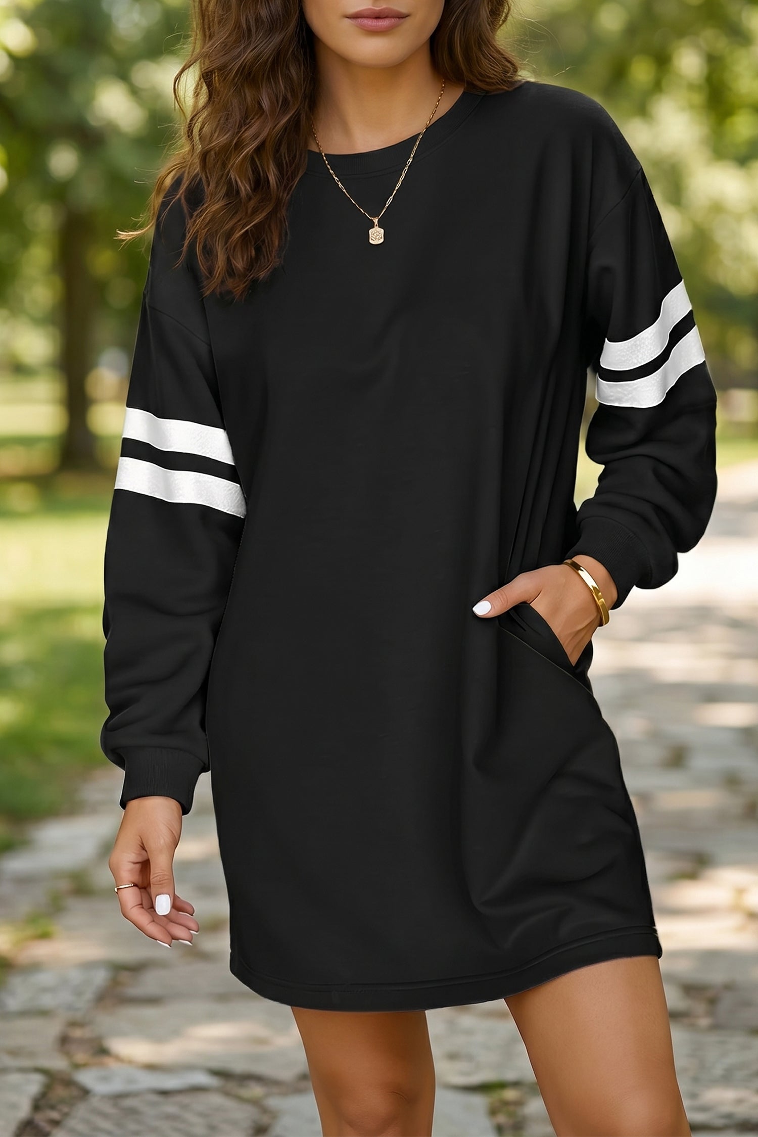 Orange Varsity Contrast Banded Sleeve Shift Sweatshirt Dress-TOPS / DRESSES-[Adult]-[Female]-Black-S-2022 Online Blue Zone Planet