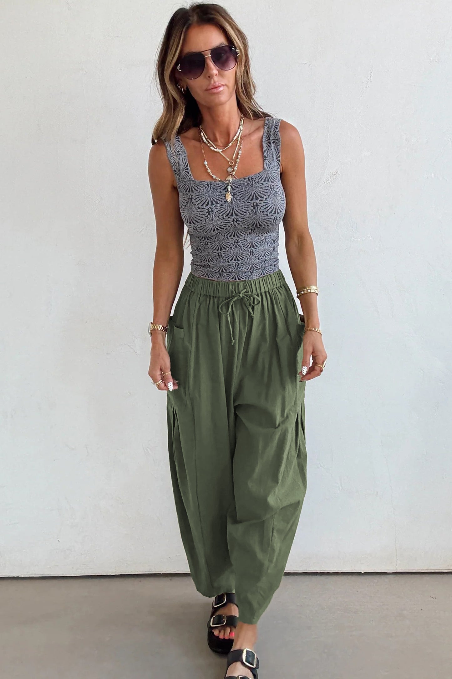 Jungle Green Drawstring Elastic Waist Patch Pocket Barrel Leg Casual Pants-Bottoms/Pants & Culotte-[Adult]-[Female]-2022 Online Blue Zone Planet