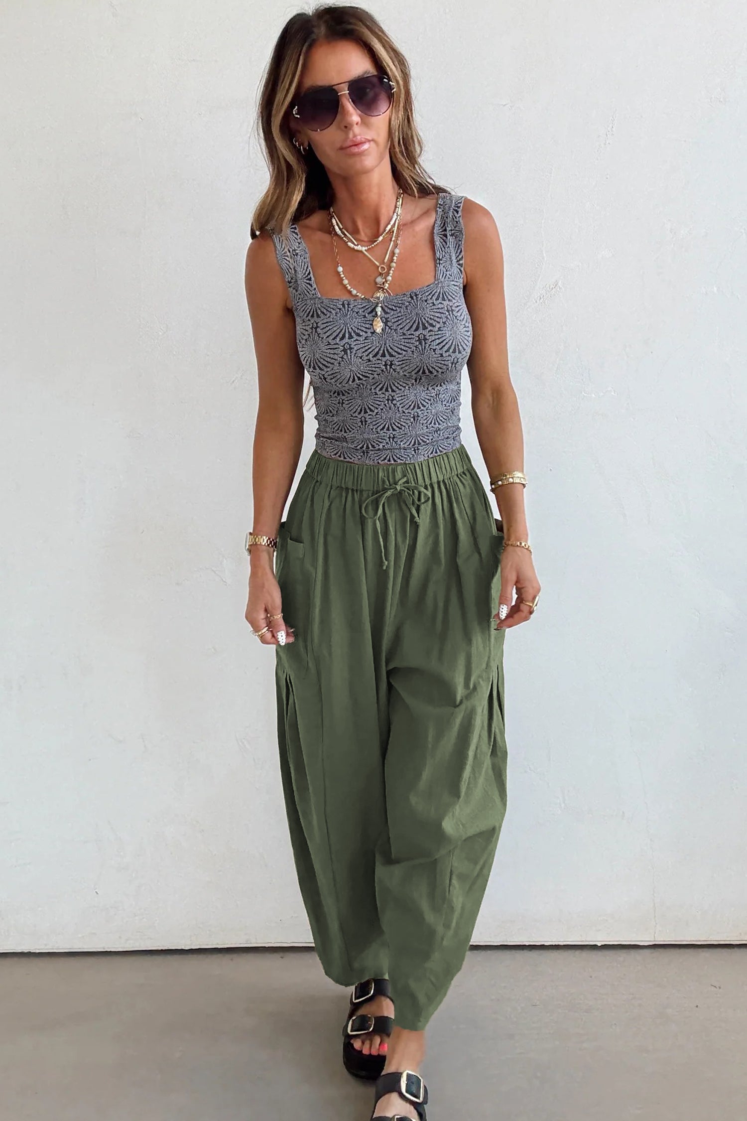 Jungle Green Drawstring Elastic Waist Patch Pocket Barrel Leg Casual Pants-Bottoms/Pants & Culotte-[Adult]-[Female]-2022 Online Blue Zone Planet