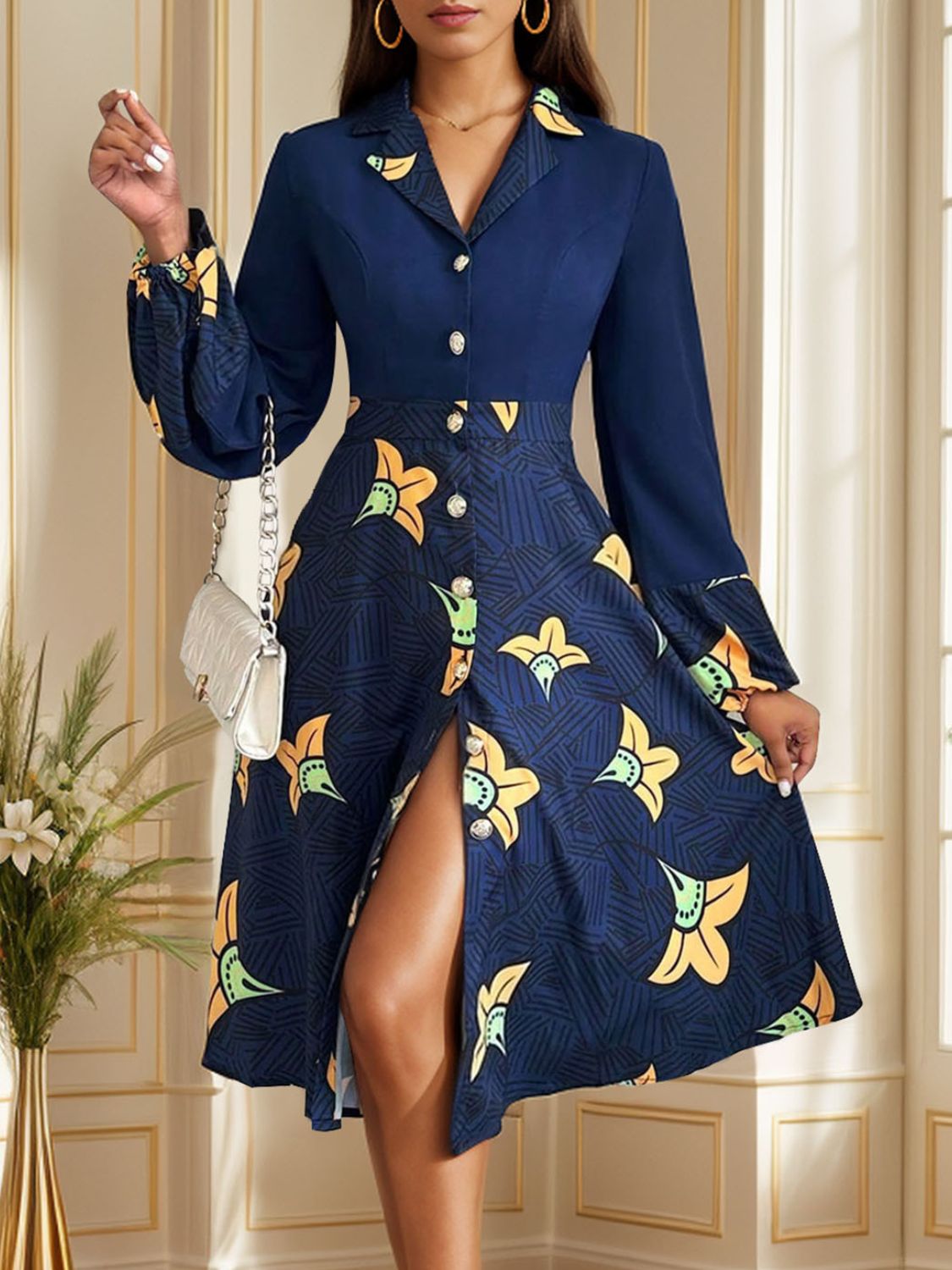 Printed Collared Neck Long Sleeve Dress-TOPS / DRESSES-[Adult]-[Female]-Dark Blue-S-2022 Online Blue Zone Planet