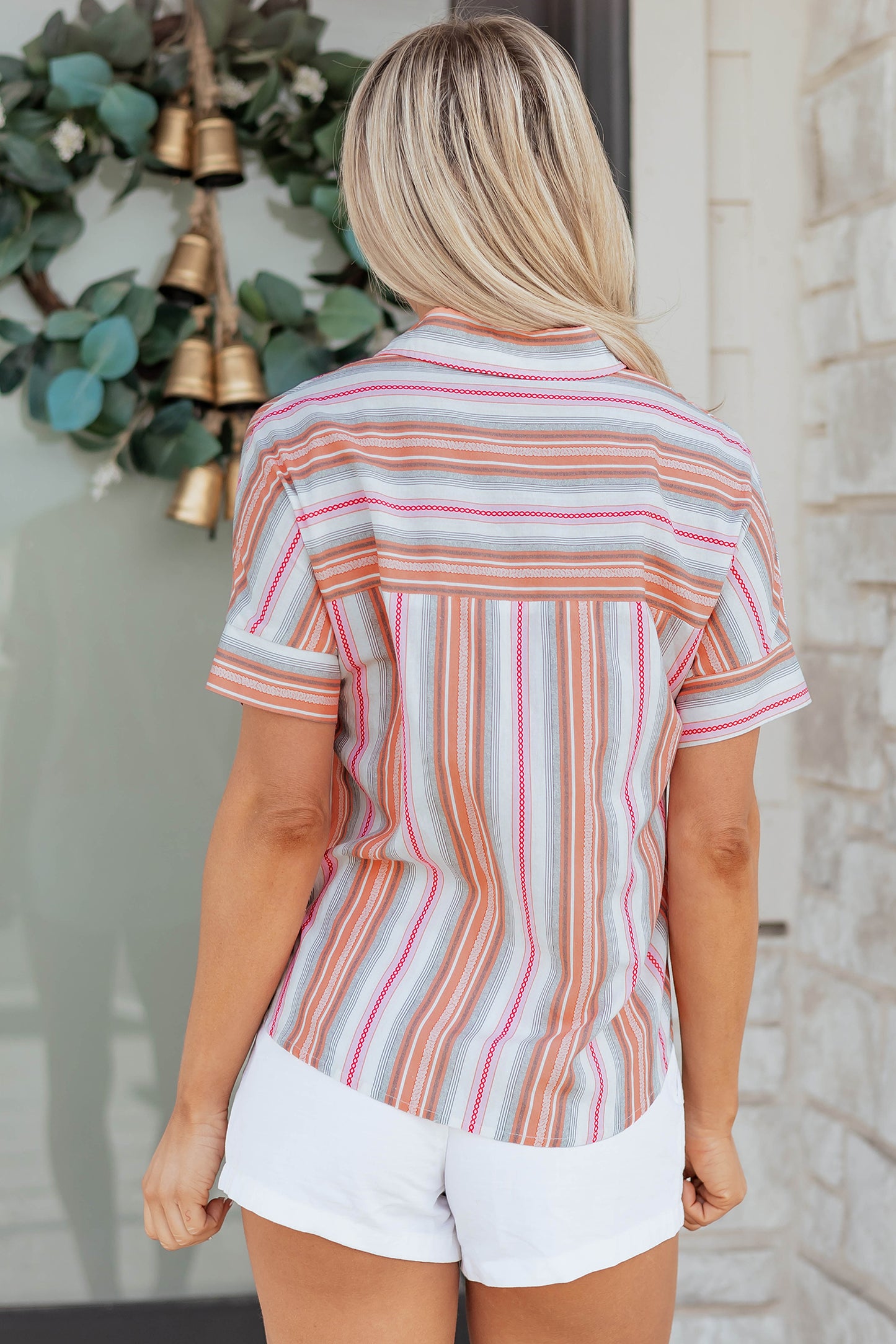 Pink Stripe Button Up Short Sleeve Shirt-Tops/Blouses & Shirts-[Adult]-[Female]-2022 Online Blue Zone Planet