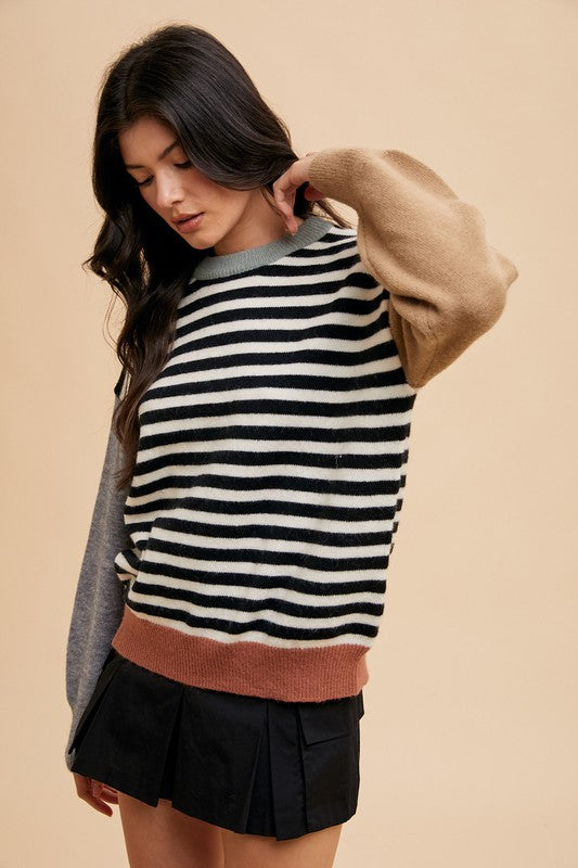 Annie Wear Striped Color Block Round Neck Sweater-TOPS / DRESSES-[Adult]-[Female]-2022 Online Blue Zone Planet