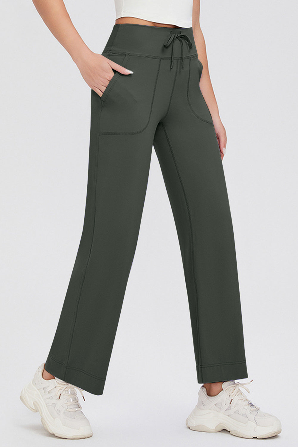 Basic Bae Full Size Drawstring High Waist Pants with Pockets-BOTTOMS SIZES SMALL MEDIUM LARGE-[Adult]-[Female]-Army Green-S-2022 Online Blue Zone Planet