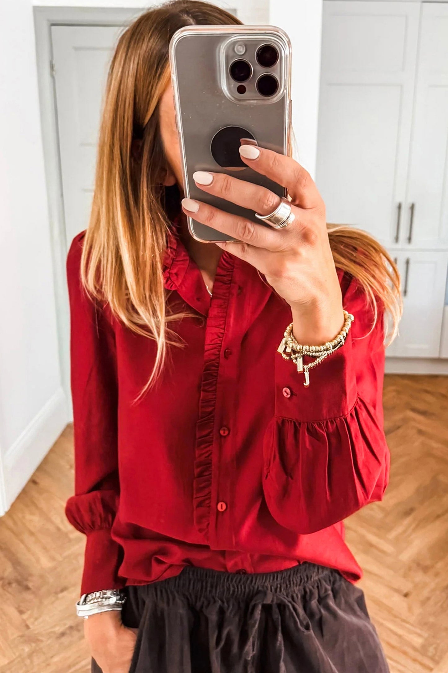Fiery Red Frilled Trim Button Up Pleated Long Sleeve Shirt-Tops/Blouses & Shirts-[Adult]-[Female]-2022 Online Blue Zone Planet
