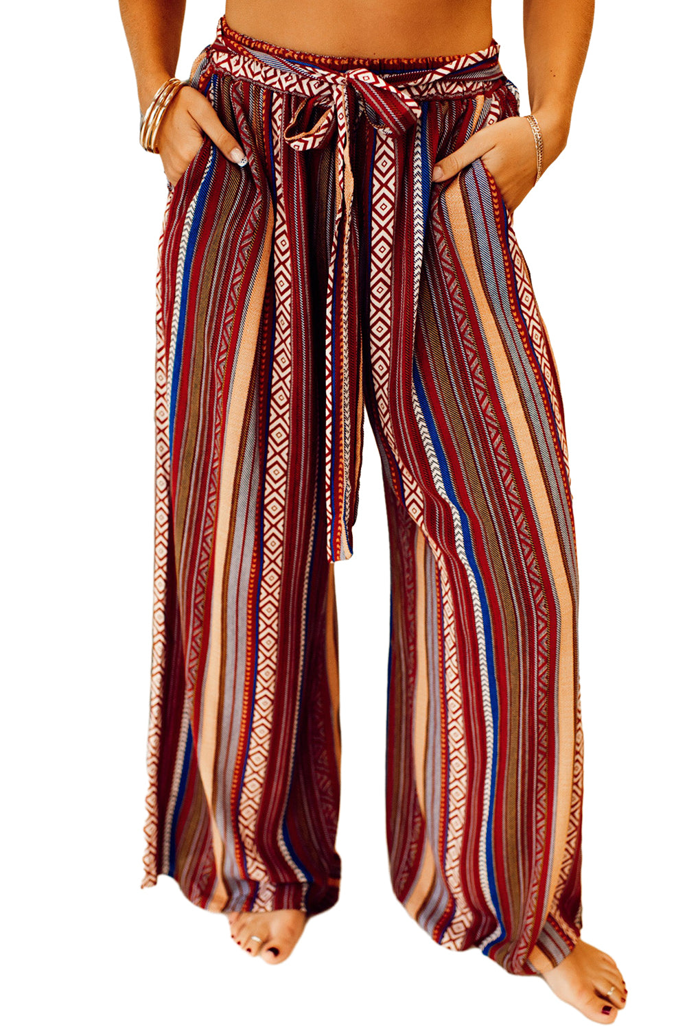 Red Boho Ethnic Striped Print Tie Waist Wide Leg Pants-Pants-[Adult]-[Female]-2022 Online Blue Zone Planet