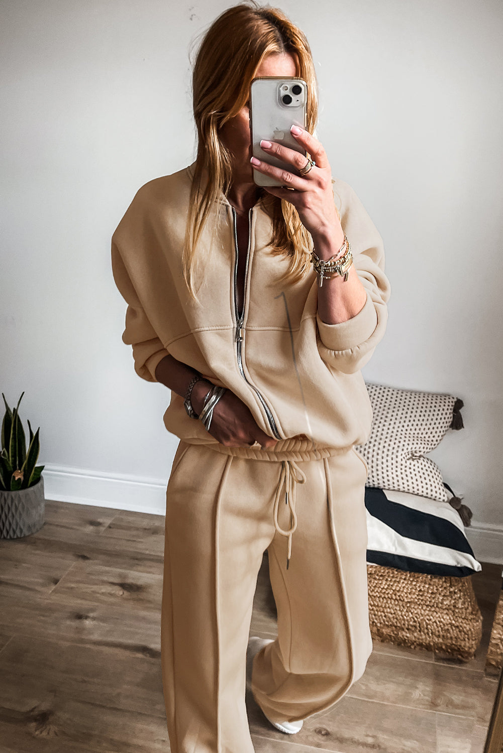 Apricot Seamed Zipper Jacket and Drawstring Waist Pants Set-Two Piece Pants Sets-[Adult]-[Female]-2022 Online Blue Zone Planet