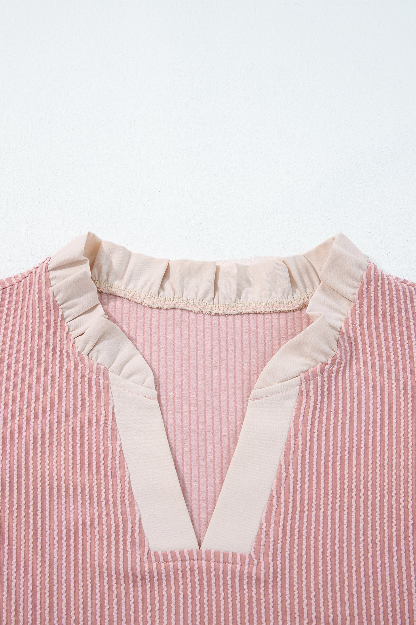 Fushia Plus Size Contrast Frilled Neckline Ruffled Short Sleeve Ribbed Textured Blouse-Plus Size/Plus Size Tops/Plus Size Blouses & Shirts-[Adult]-[Female]-2022 Online Blue Zone Planet